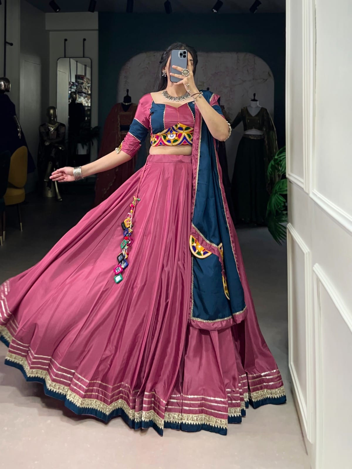 Pink Flared Silk Crepe Lehenga Set – Round Neck – Mirror and Gotta Patti Work