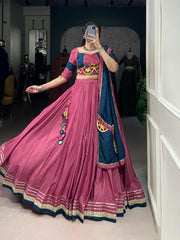 Pink Flared Silk Crepe Lehenga Set – Round Neck – Mirror and Gotta Patti Work