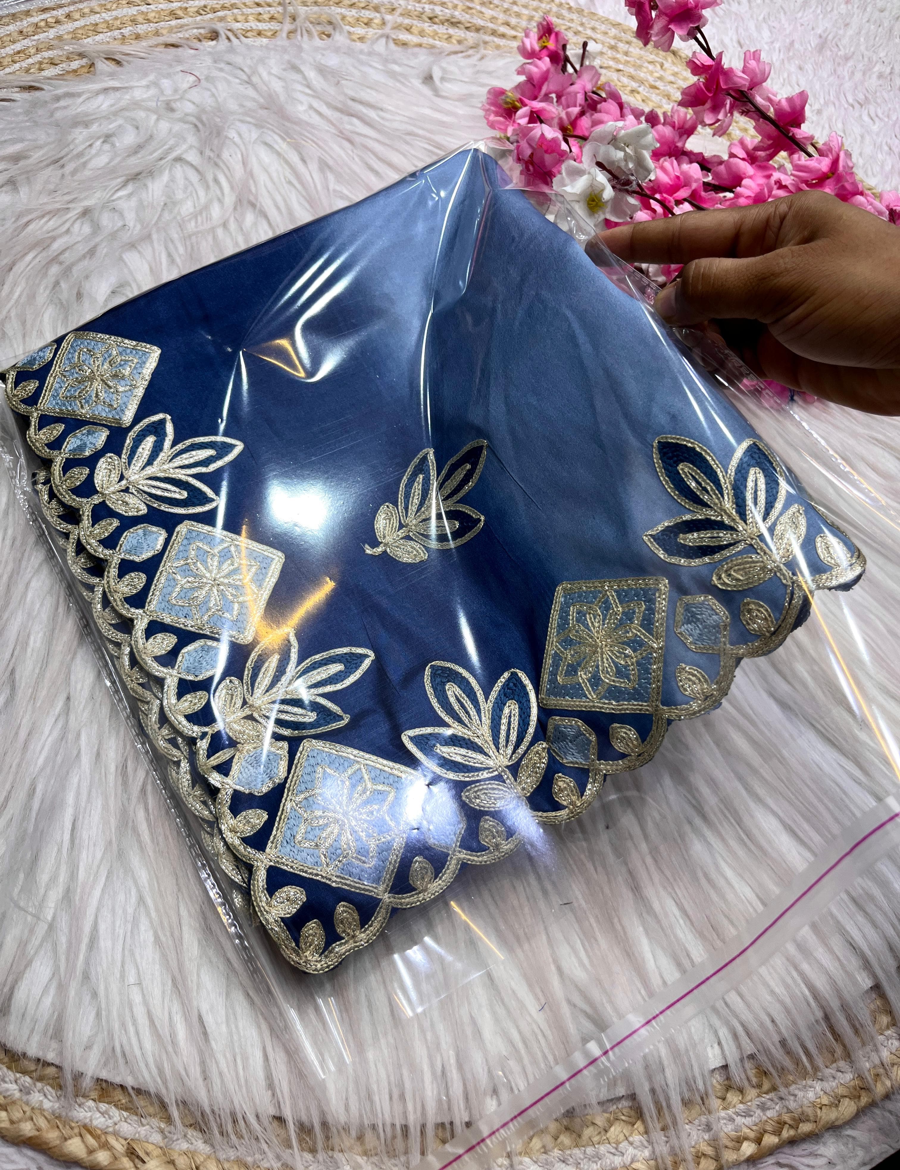 Soft Peding Chinon Saree – Cutwork Border – Chainstitch Multi Work & Butta