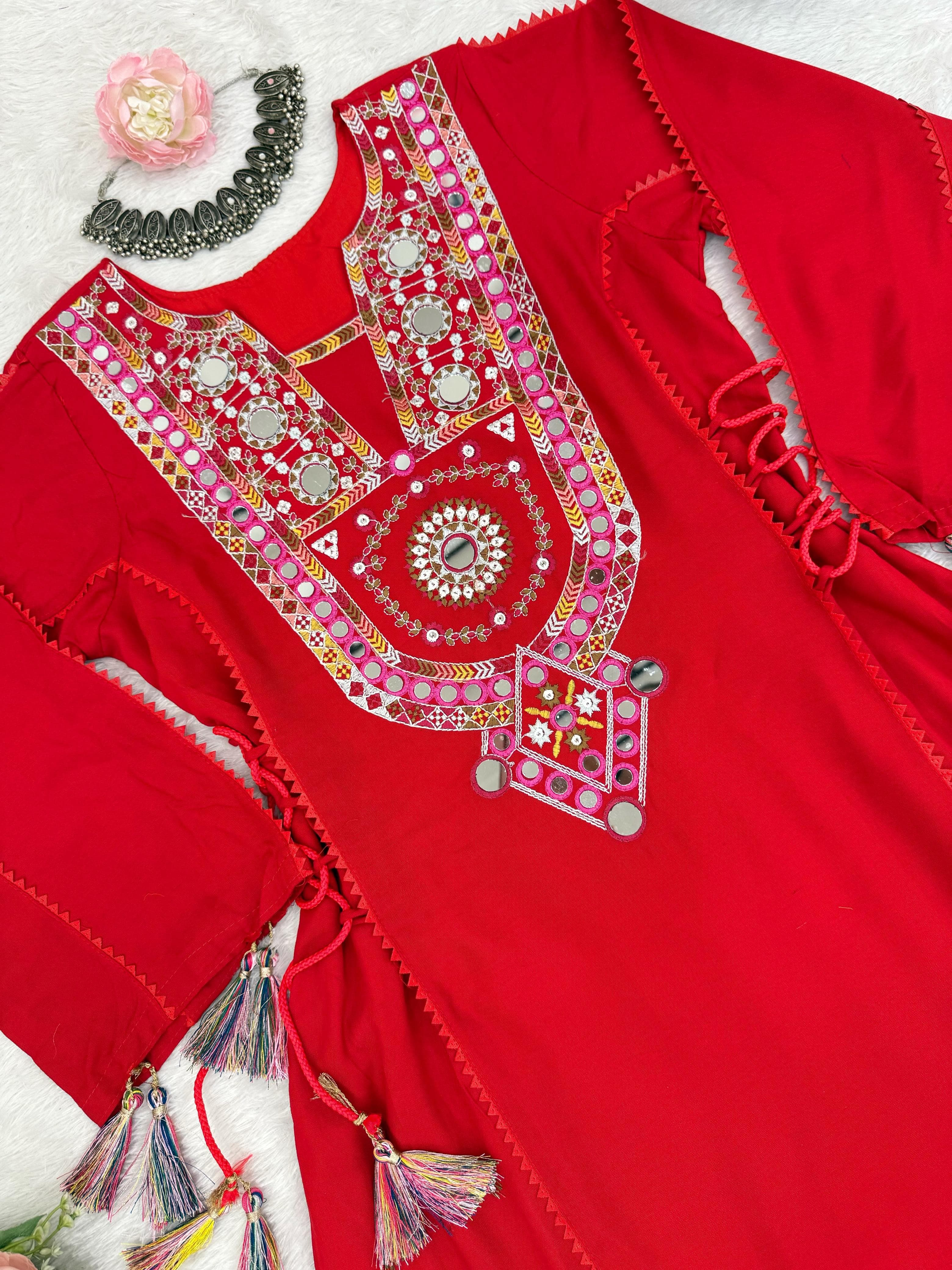 Red Cord-Set Rayon Co-Ord Set – Side Dori Tassels – Thread and Mirror Work