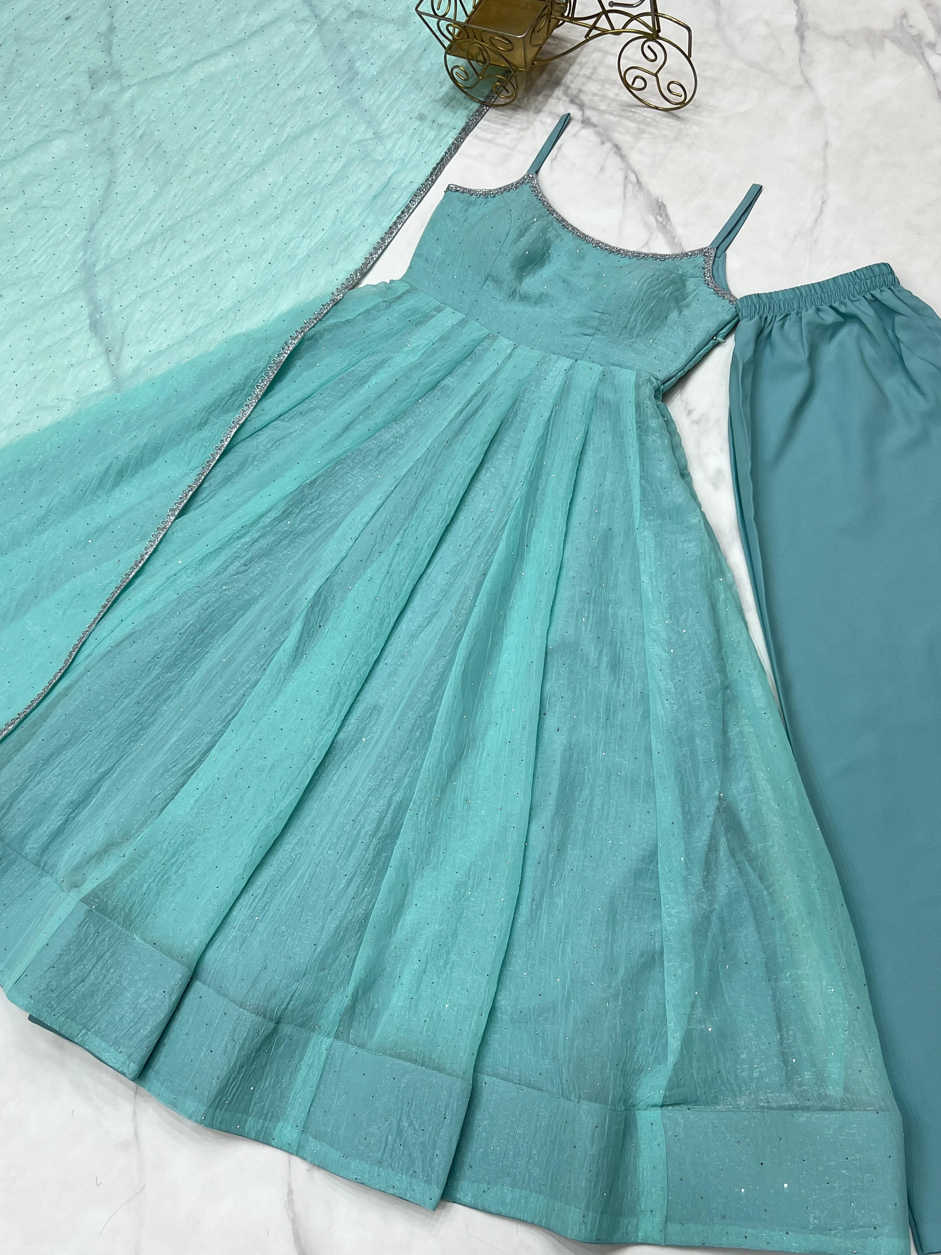 Crunchy Silk Anarkali Set – Round Neck – Sirozki Work
