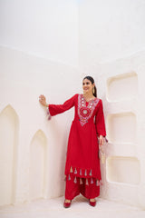 Red Cord-Set Rayon Co-Ord Set – Side Dori Tassels – Thread and Mirror Work