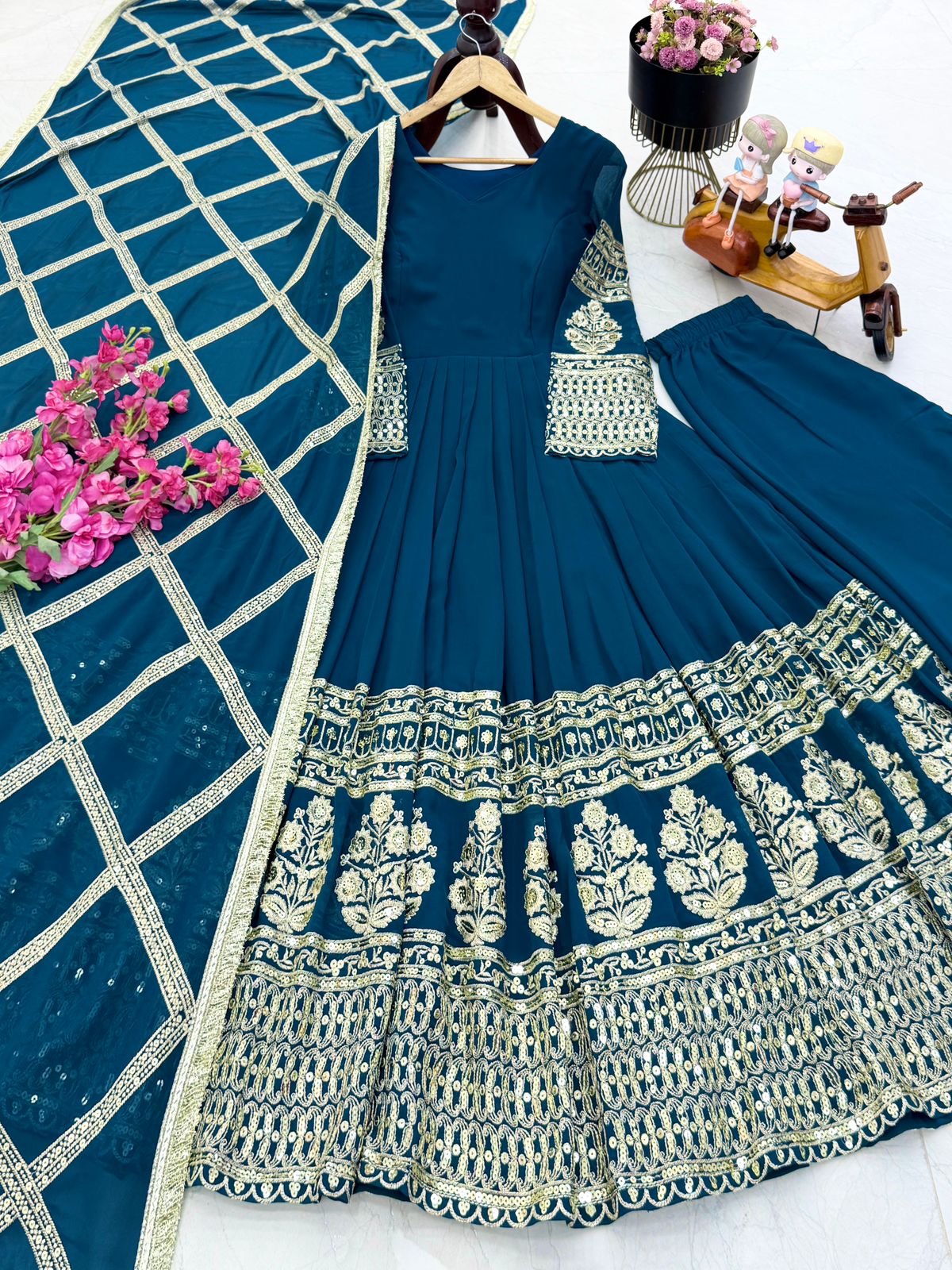 Georgette Embroidered Sharara Suit Set – Front Zipper – Sequin & Lace Work