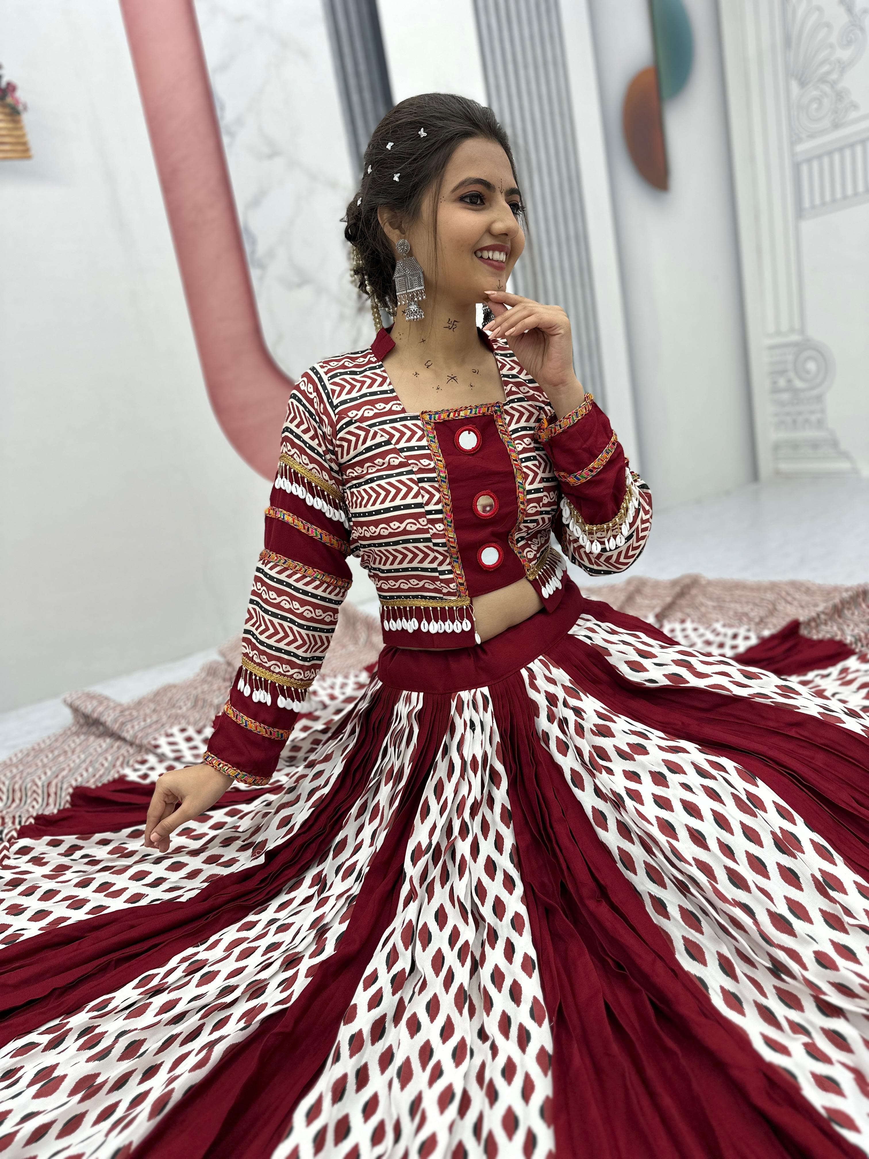 Ajarakh Print Rayon Cotton Lehenga Choli – Round Neck – Real Mirror Work