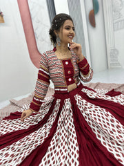 Ajarakh Print Rayon Cotton Lehenga Choli – Round Neck – Real Mirror Work