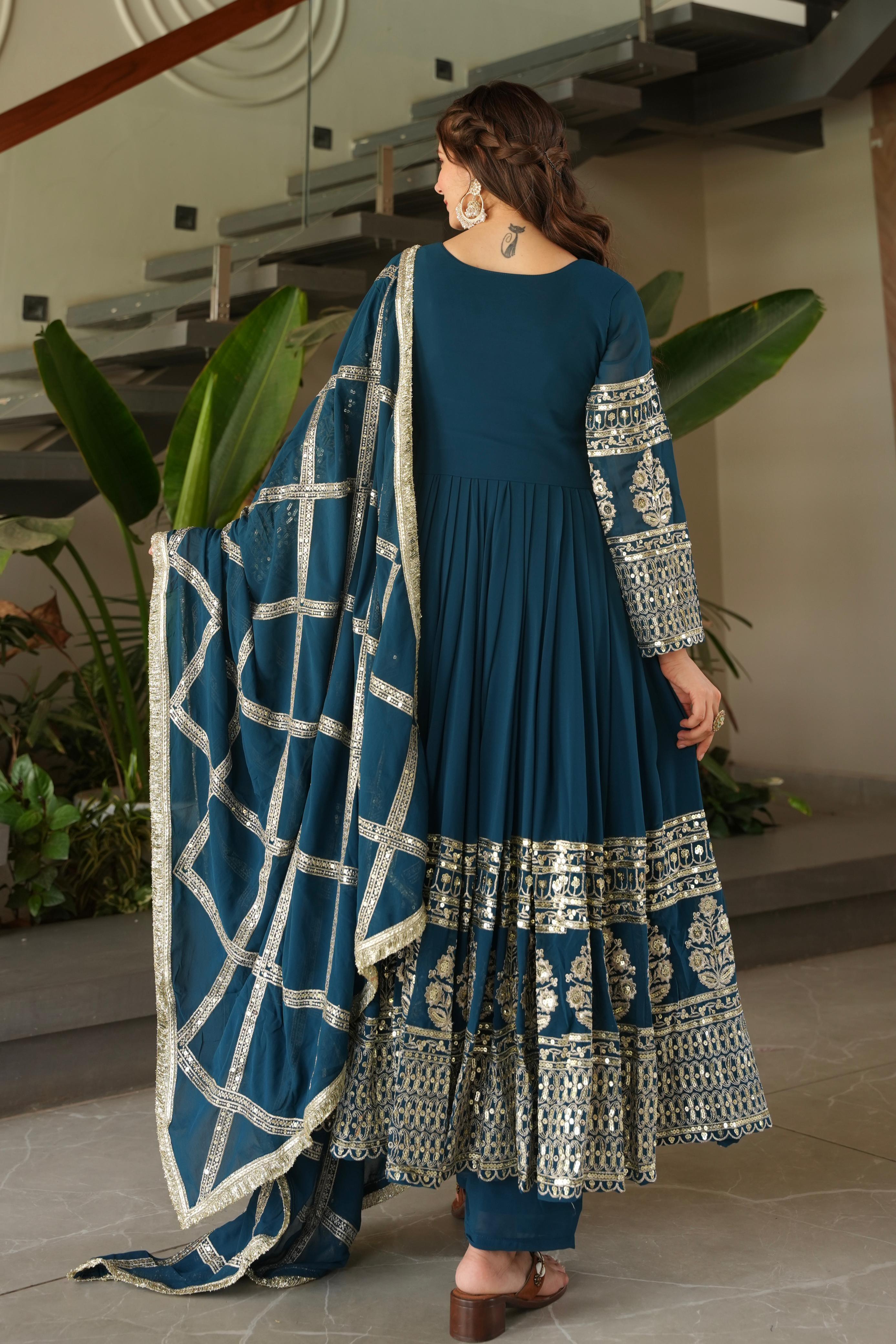 Georgette Embroidered Sharara Suit Set – Front Zipper – Sequin & Lace Work