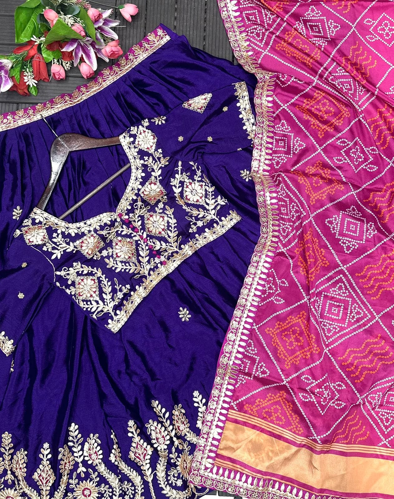 Chinone Flared Lehenga Choli Set – Heavy Gota Patti Embroidery