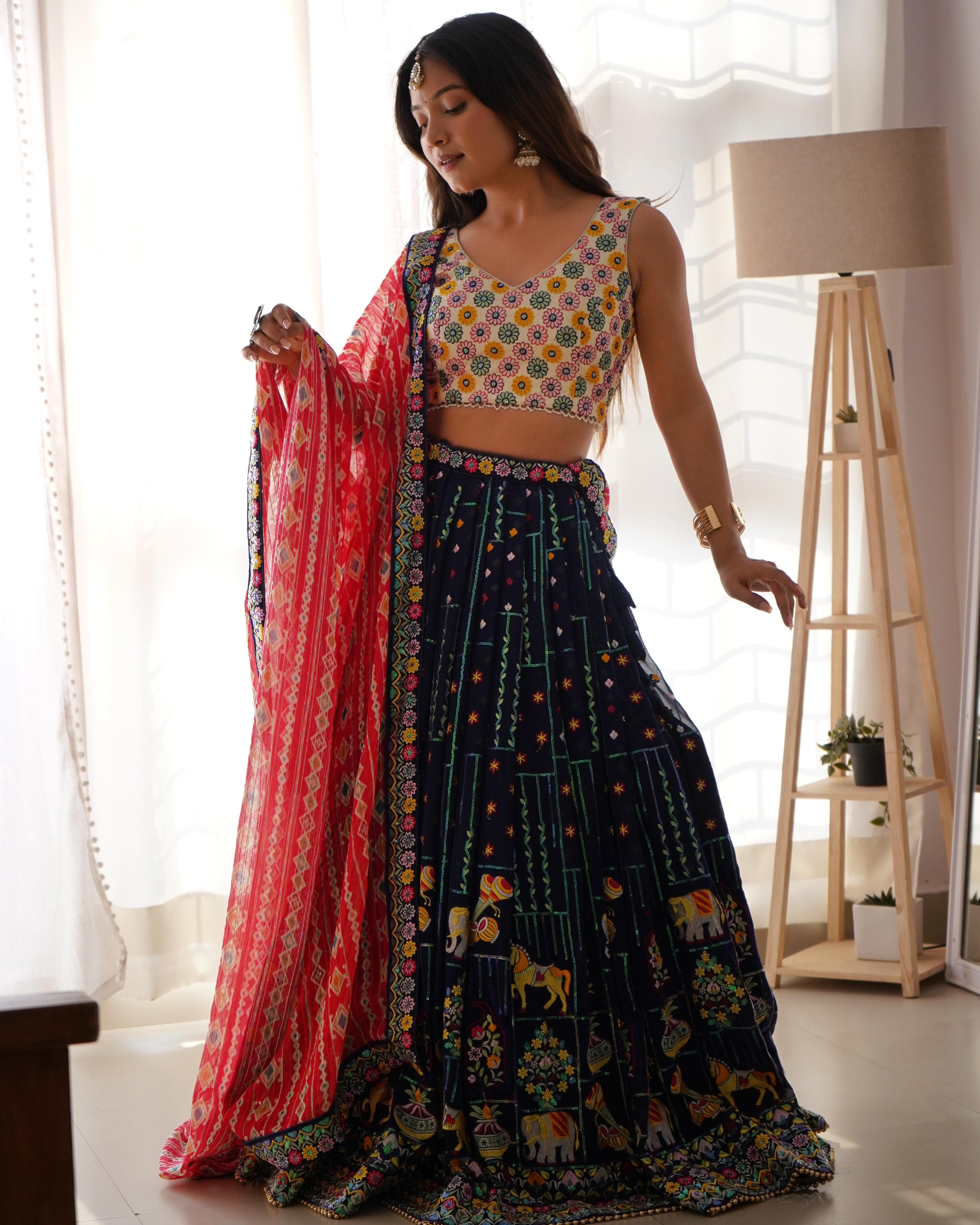 Faux Georgette Semi-Stitch Lehenga Set – Thread and Sequin Work – Heavy Lace