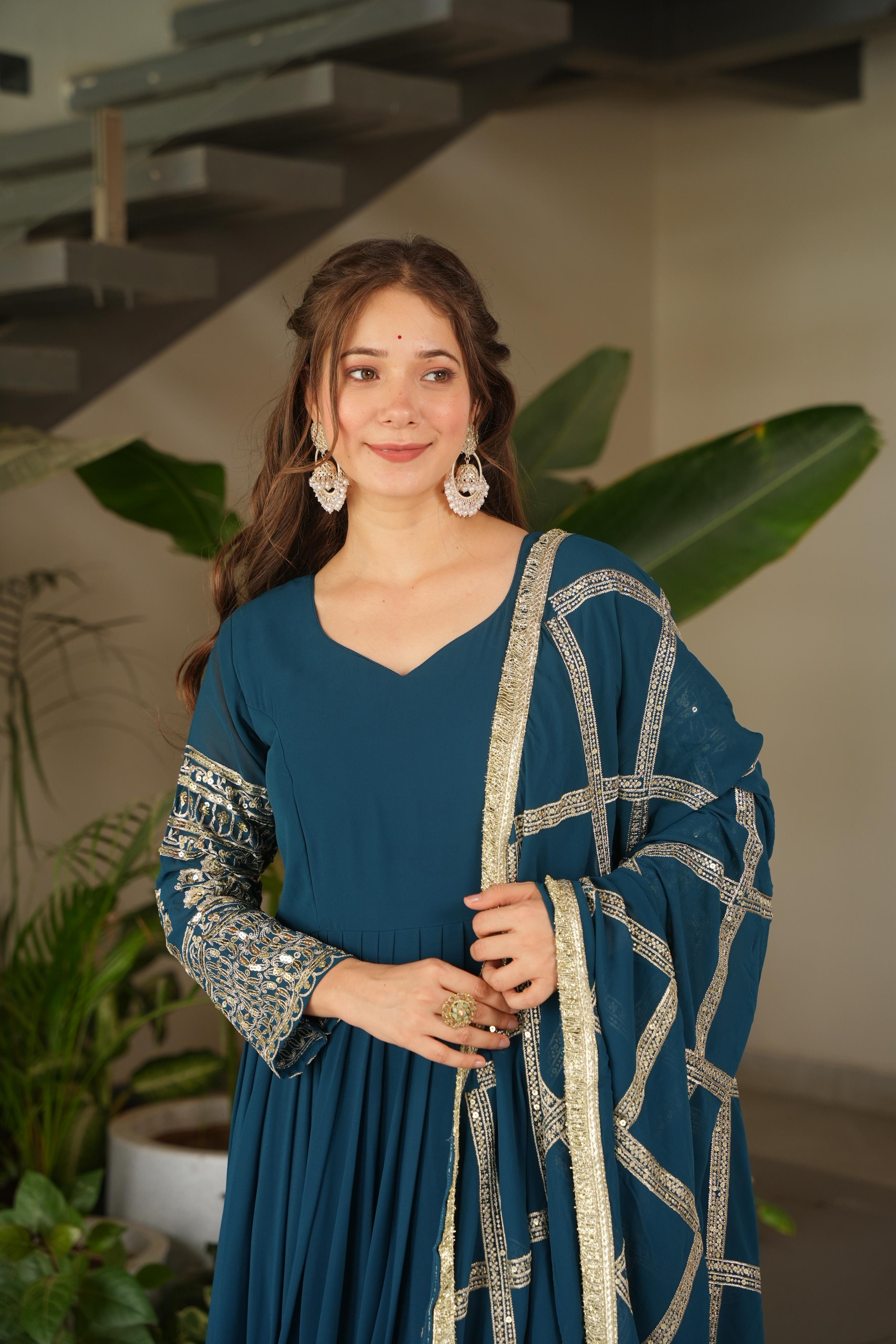 Georgette Embroidered Sharara Suit Set – Front Zipper – Sequin & Lace Work