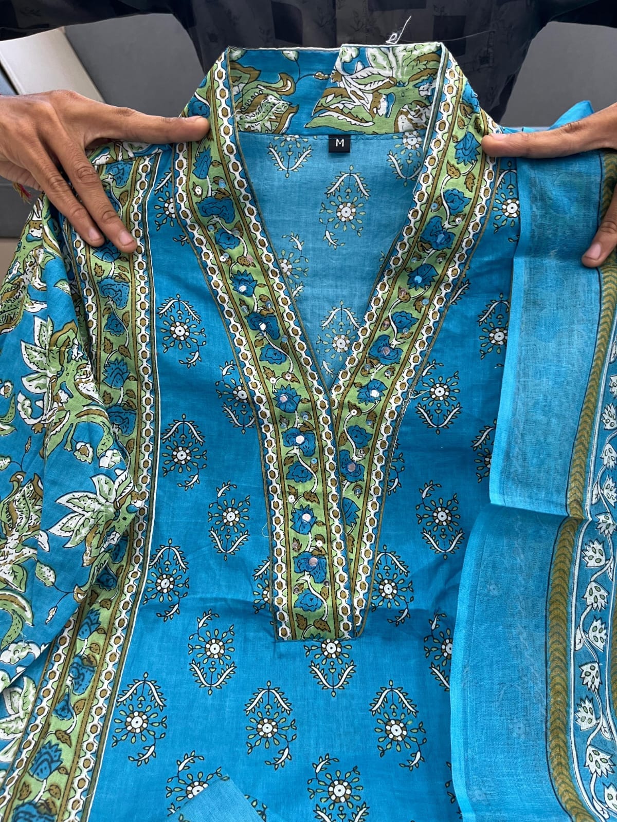 Printed Cotton A-Line Kurti Set – V-Neck – Sequin Handwork