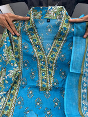 Printed Cotton A-Line Kurti Set – V-Neck – Sequin Handwork