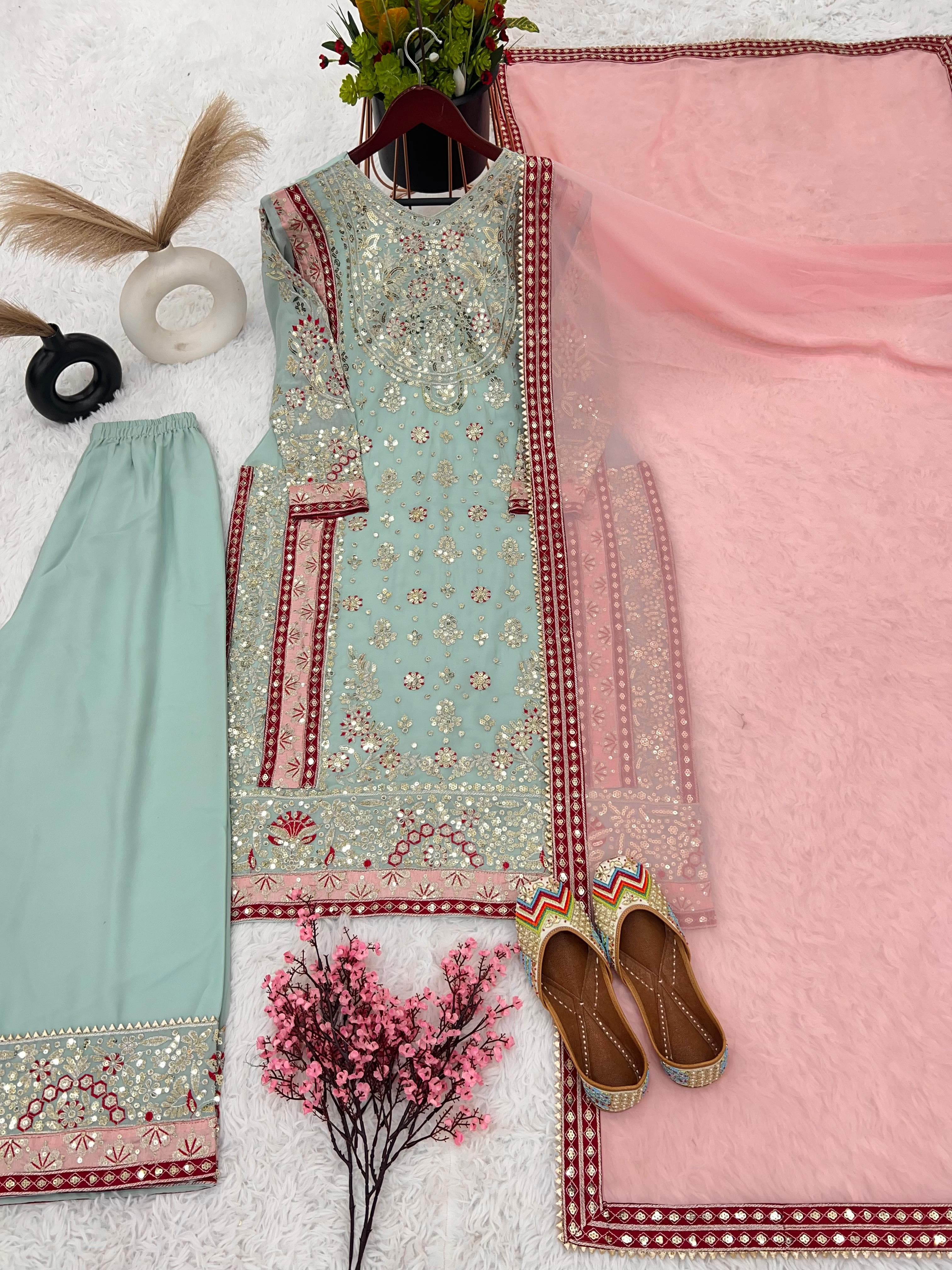 Faux Georgette Embroidered Sharara Set – Round Neck – Sequin Work