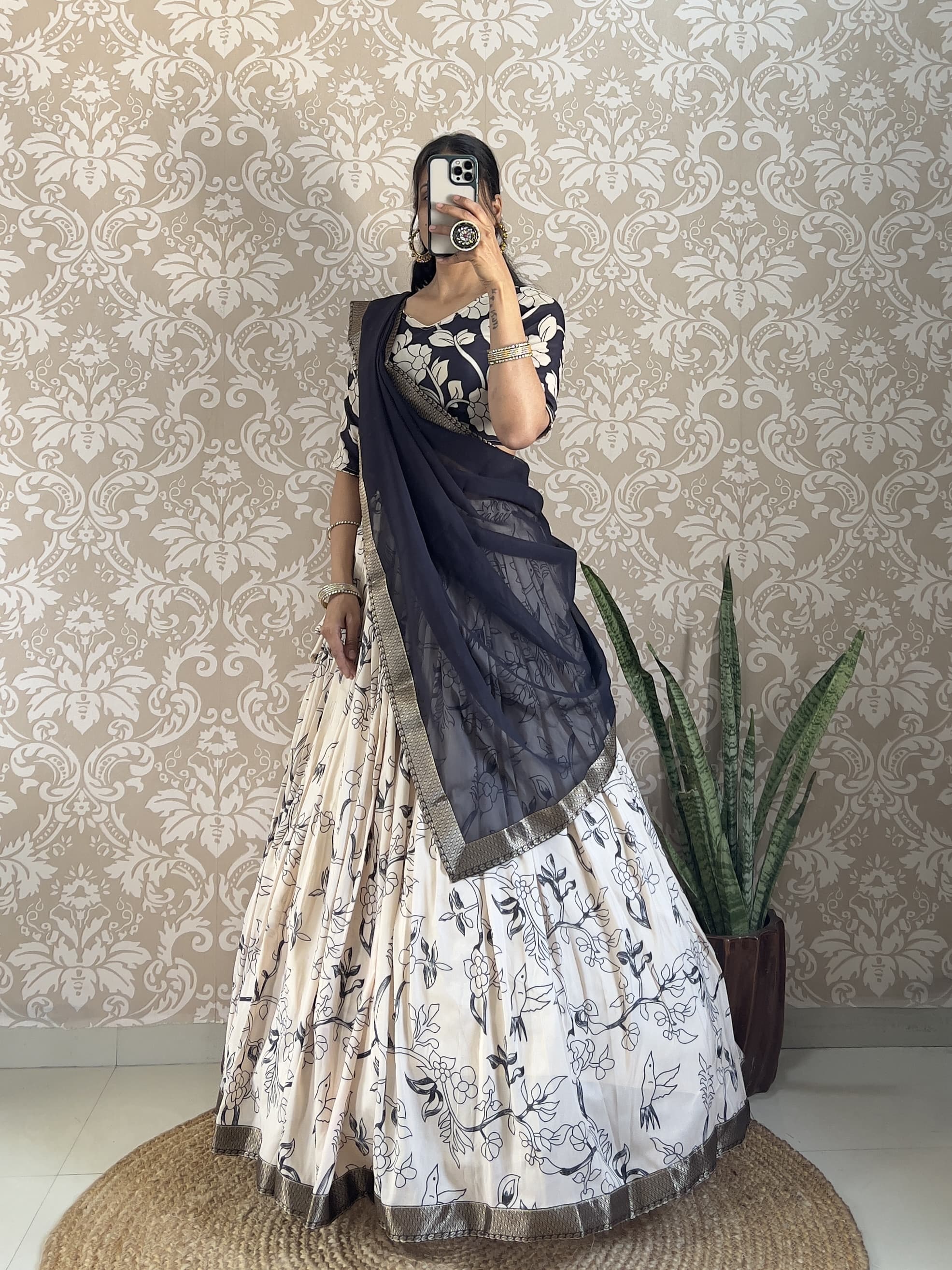 Kalamkari Printed Muslin Silk Lehenga Choli – Jacquard Lace Border – Digital Print Work