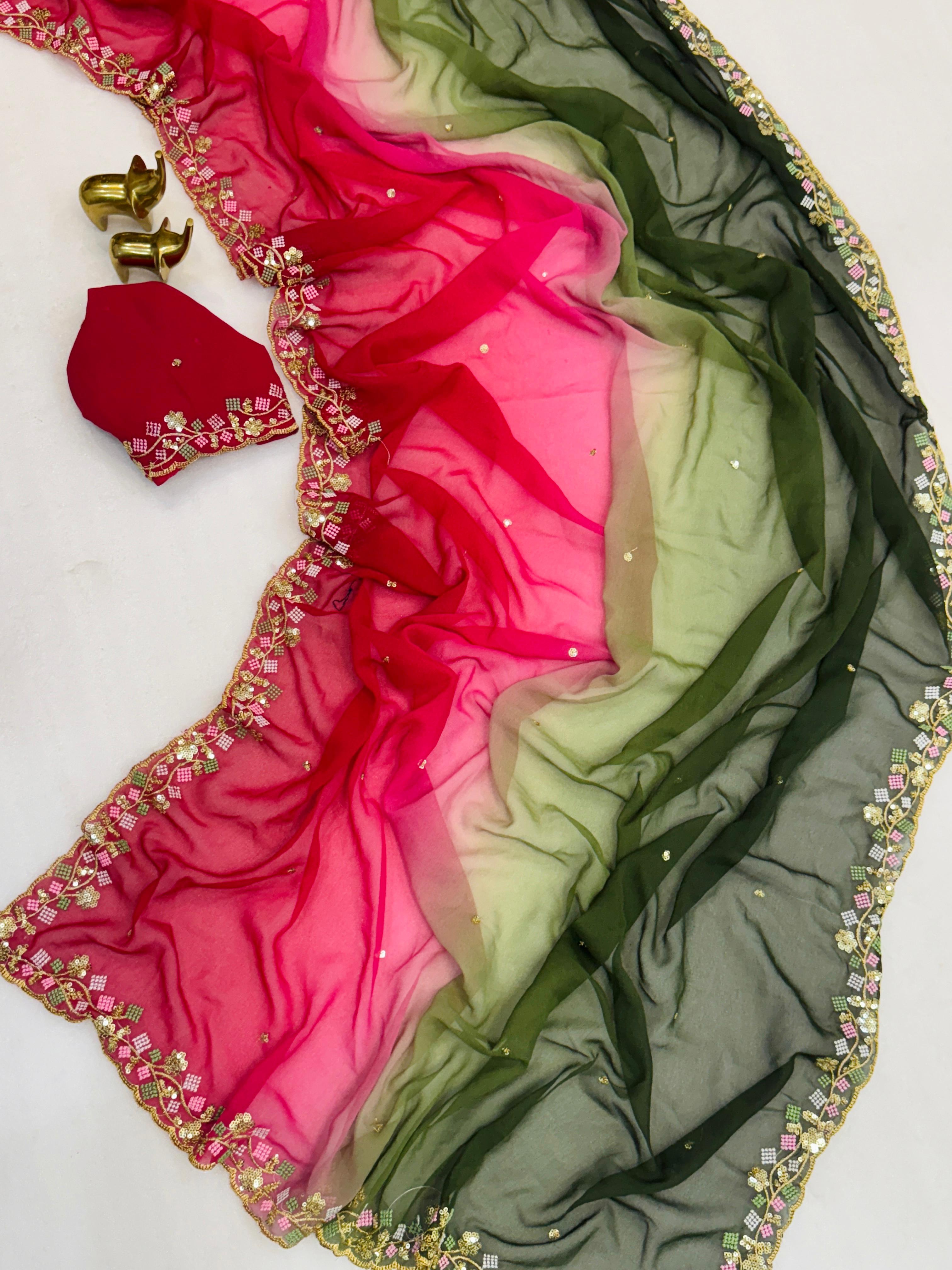 Double Colour Shaded Georgette Chiffon Saree – Multi Sequin Embroidered