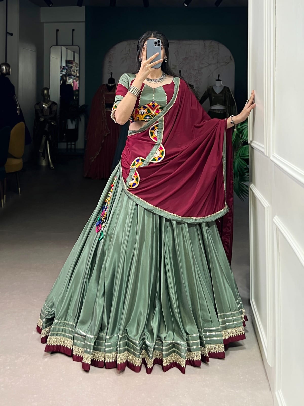Silk Crepe Lehenga Choli Set – Round Neck – Mirror Gamthi and Sequins Work