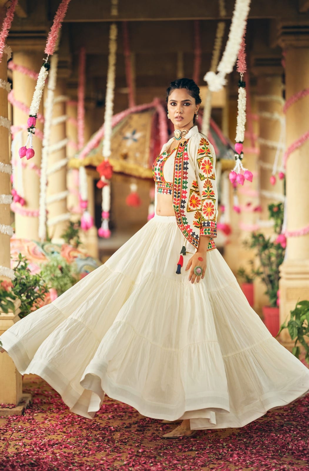 Cotton Embroidered Lehenga, Blouse & Koti Set – Ruffled Lehenga – Embroidery Work