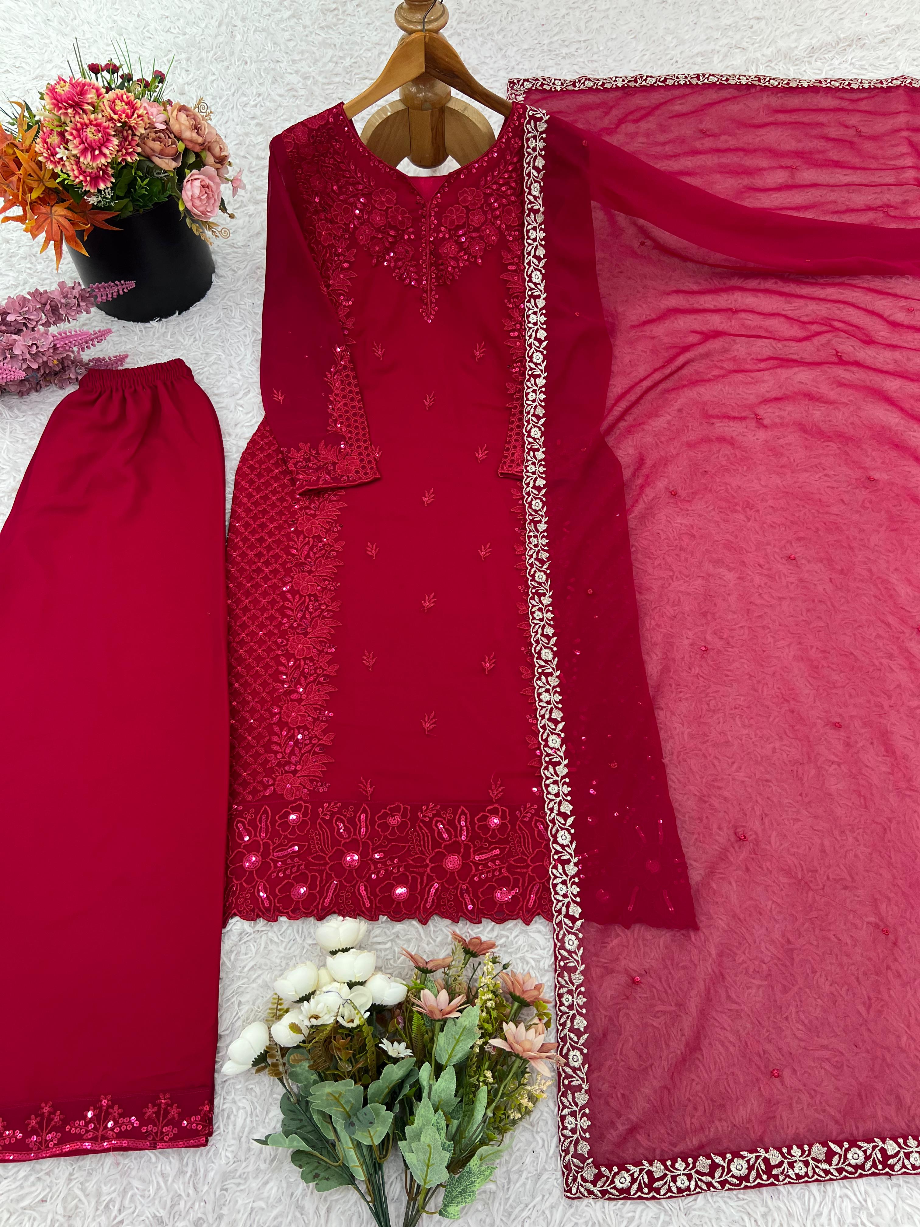 Embroidered Faux Georgette Top-Plazzo Set – Fancy Sleeves – Sequin Work