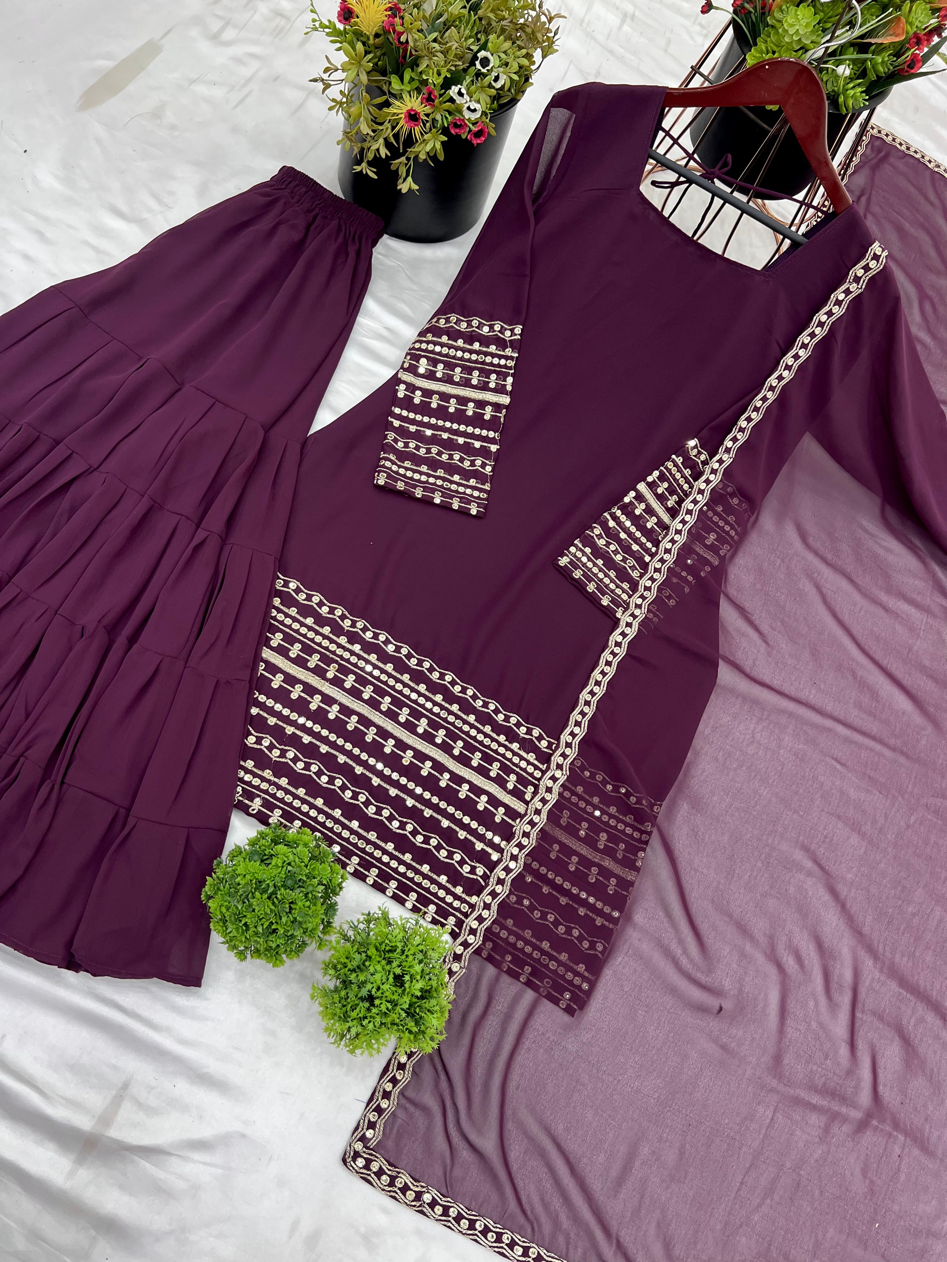 Wine Embroidered Georgette Top-Sharara Set – Full Sleeves – Sequin Work