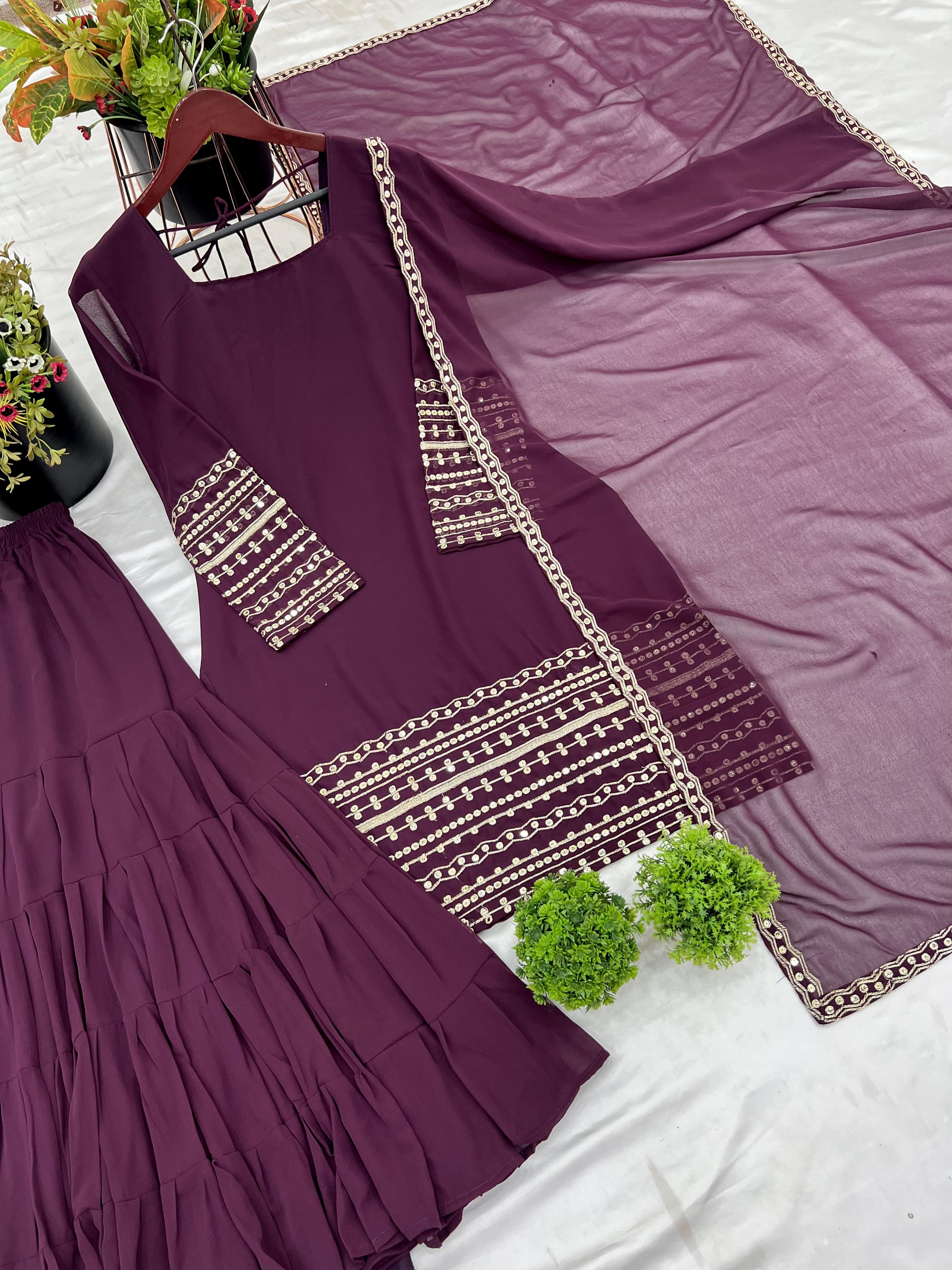 Wine Embroidered Georgette Top-Sharara Set – Full Sleeves – Sequin Work