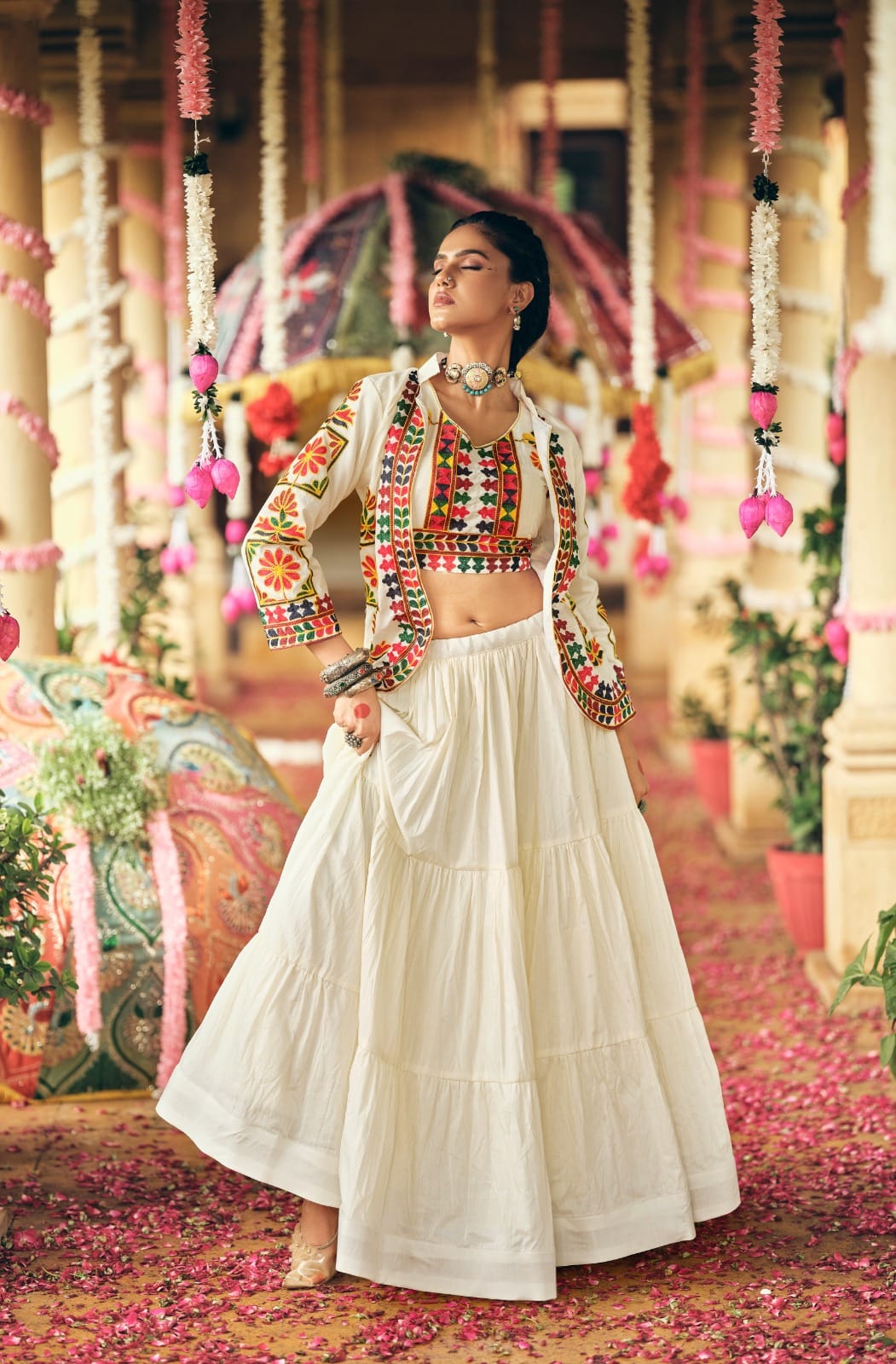 Cotton Embroidered Lehenga, Blouse & Koti Set – Ruffled Lehenga – Embroidery Work
