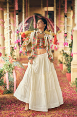 Cotton Embroidered Lehenga, Blouse & Koti Set – Ruffled Lehenga – Embroidery Work