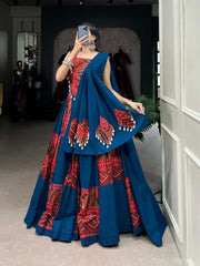 Printed Pure Cotton Lehenga Set – Round Neck – Foil and Cowrie Work