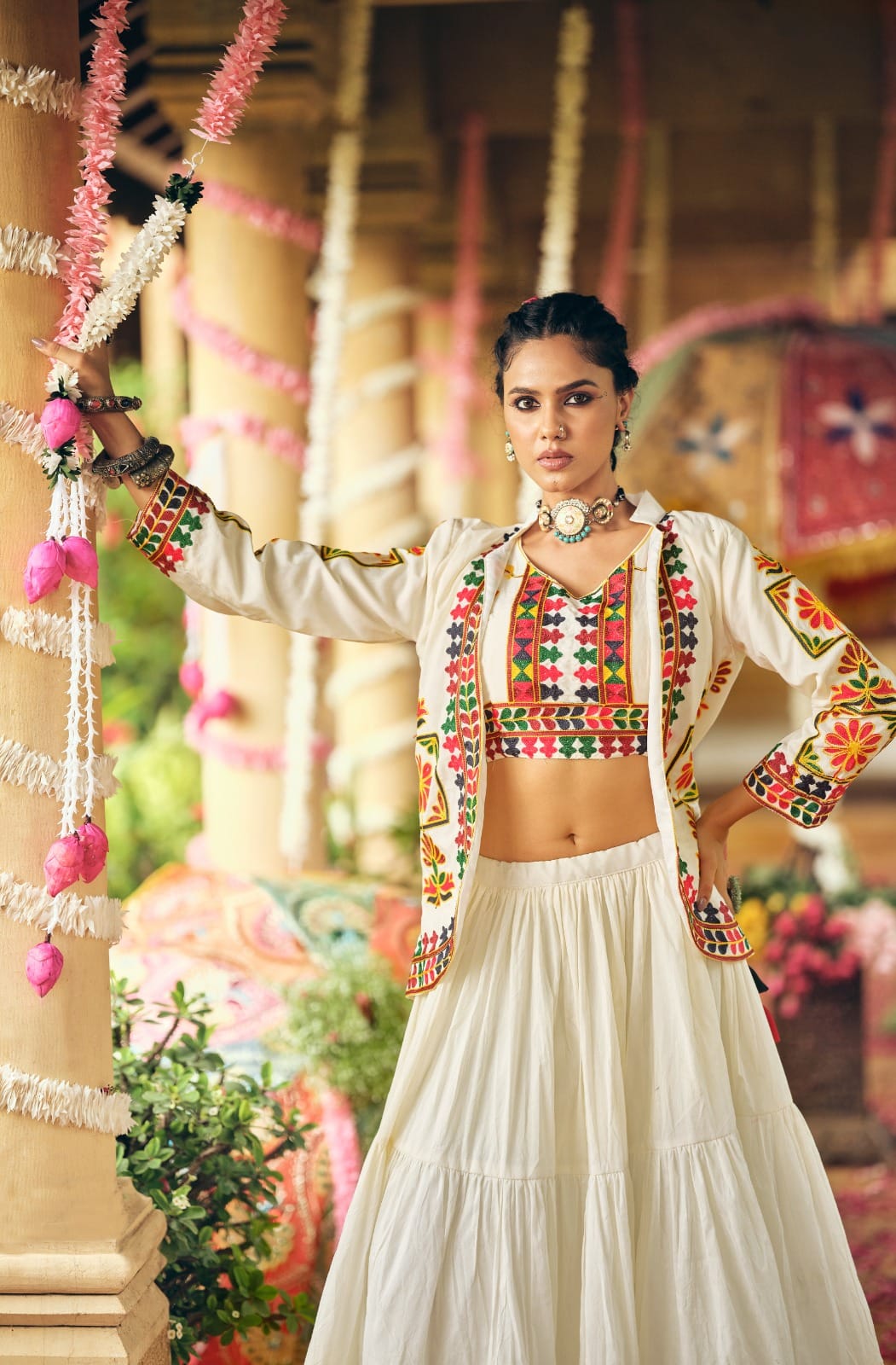 Cotton Embroidered Lehenga, Blouse & Koti Set – Ruffled Lehenga – Embroidery Work