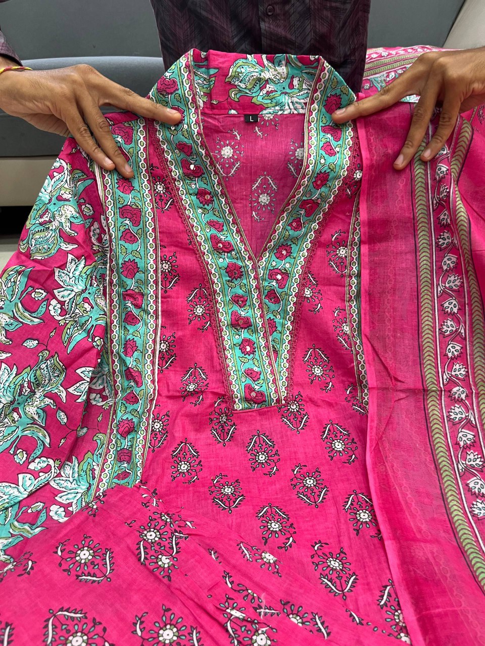 Printed Cotton A-Line Kurti Set – V-Neck – Sequin Handwork