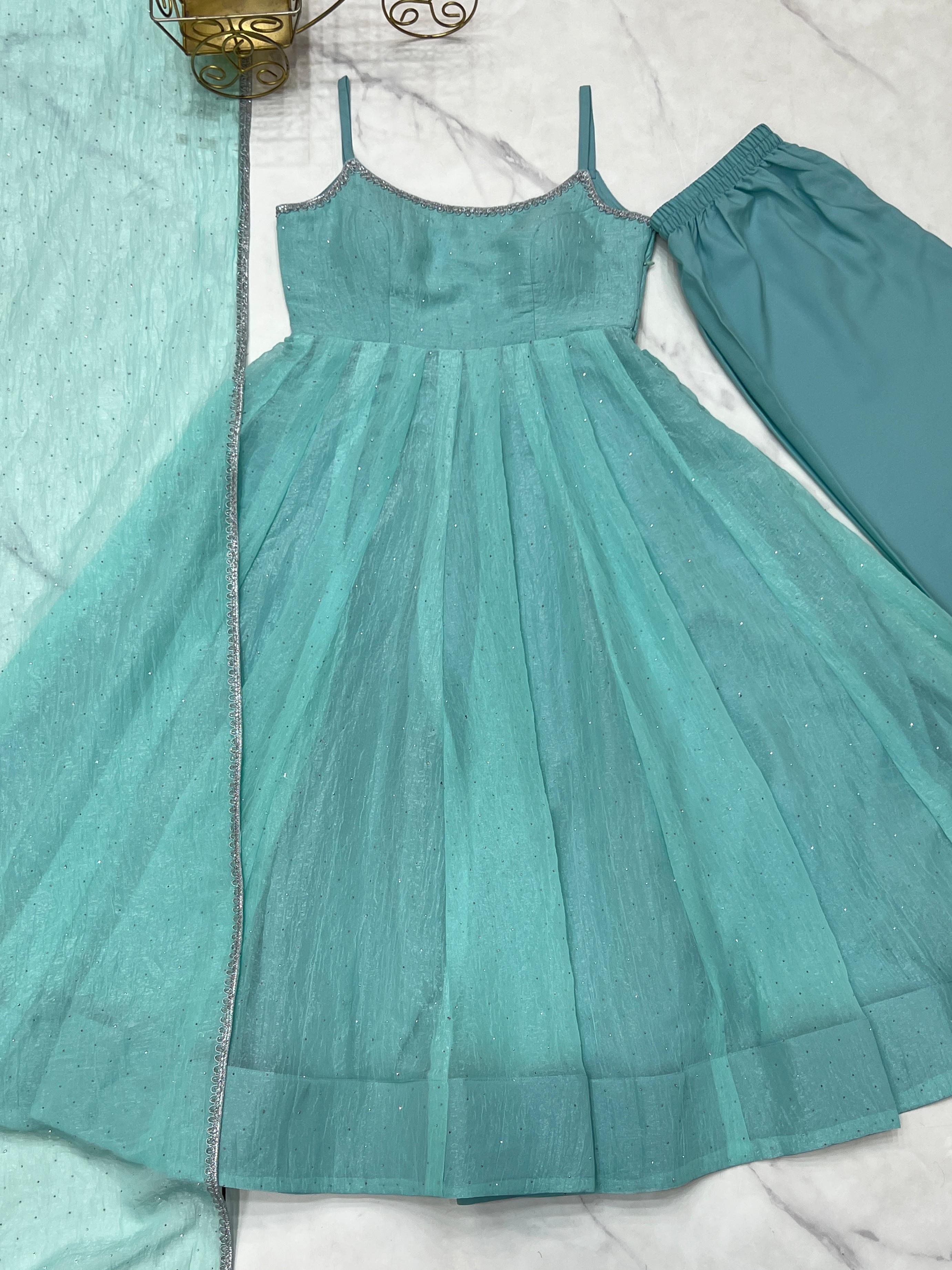 Crunchy Silk Anarkali Set – Round Neck – Sirozki Work