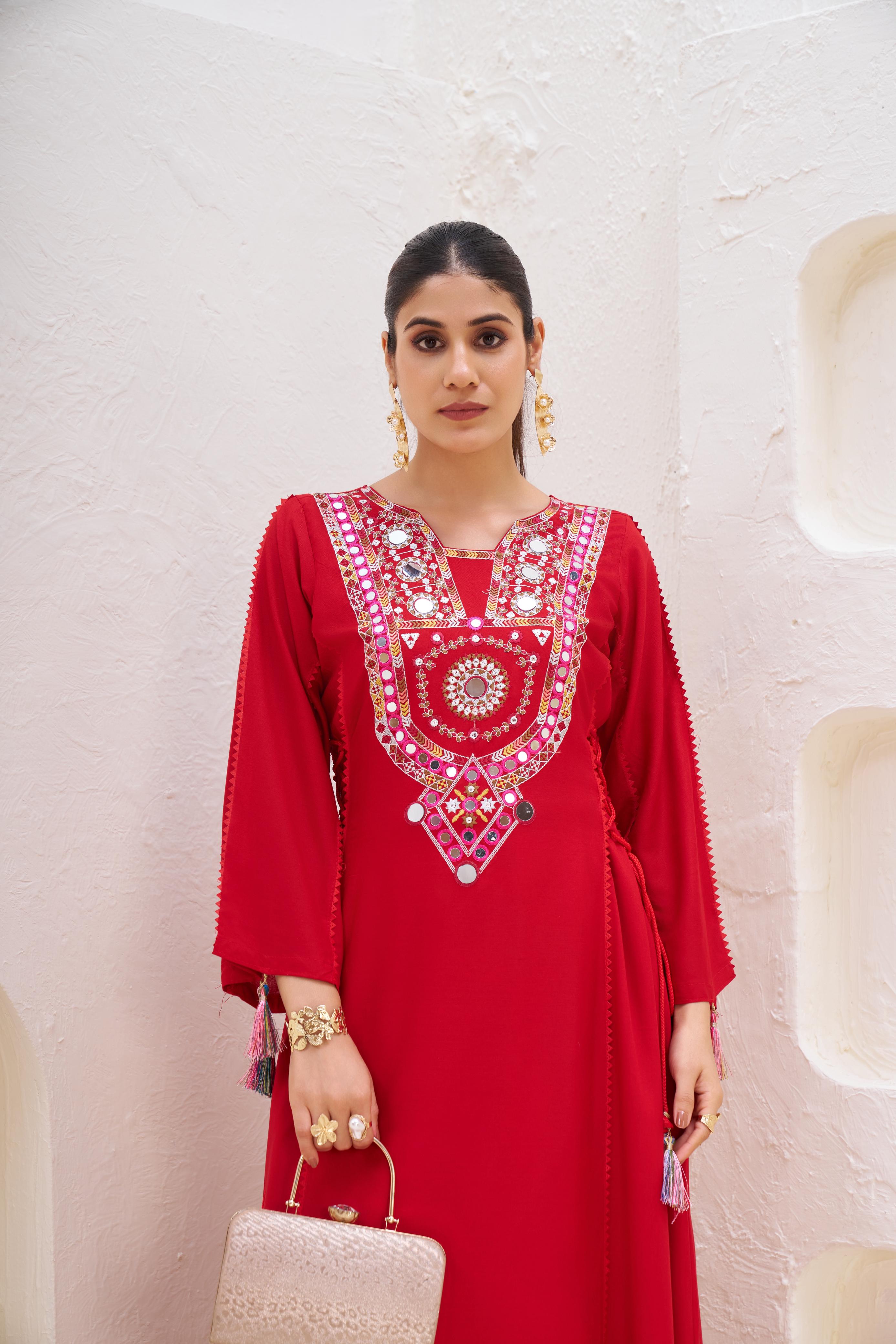 Red Cord-Set Rayon Co-Ord Set – Side Dori Tassels – Thread and Mirror Work