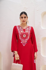 Red Cord-Set Rayon Co-Ord Set – Side Dori Tassels – Thread and Mirror Work