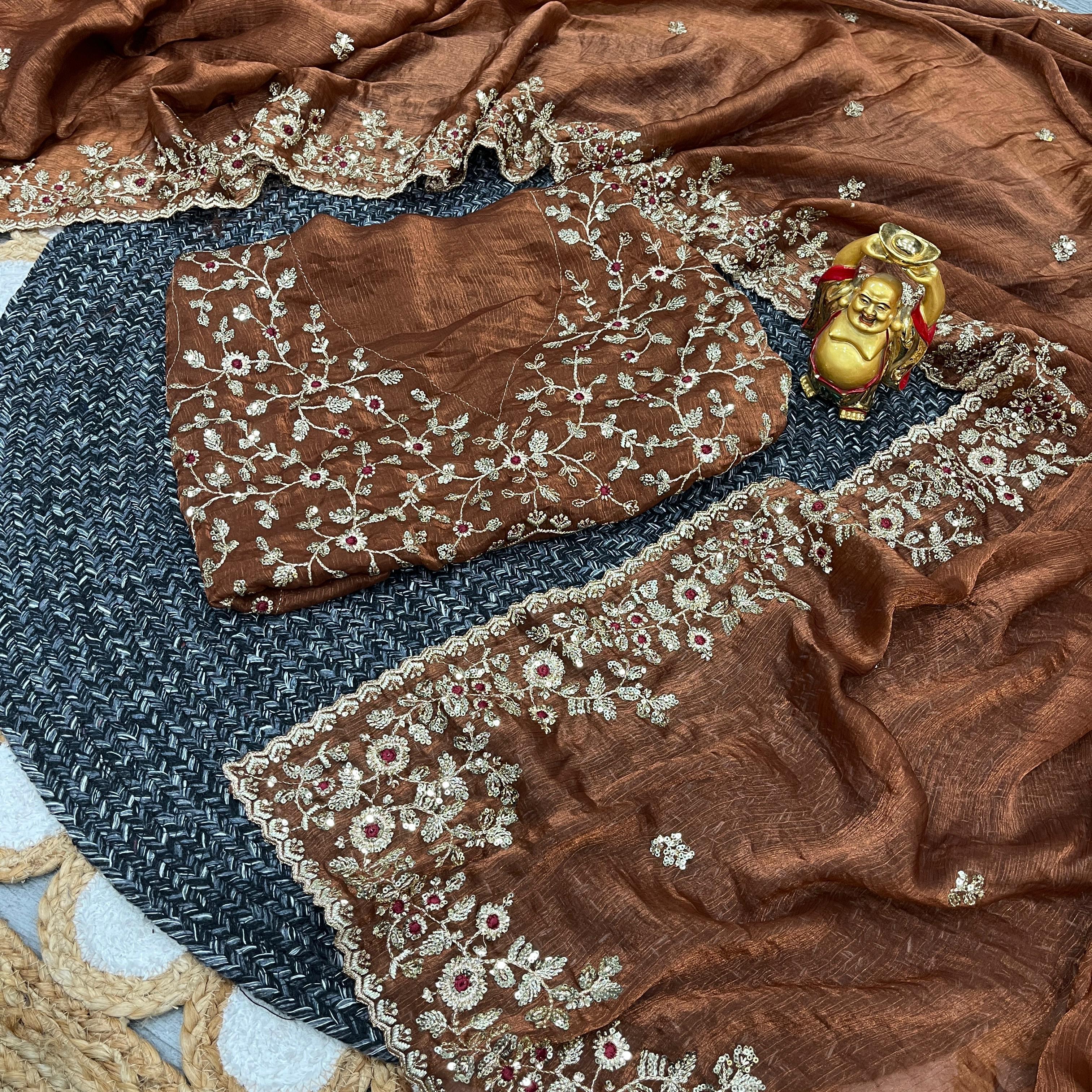Brown Embroidered Chiffon Saree – Sequins and Thread Work