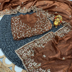 Brown Embroidered Chiffon Saree – Sequins and Thread Work