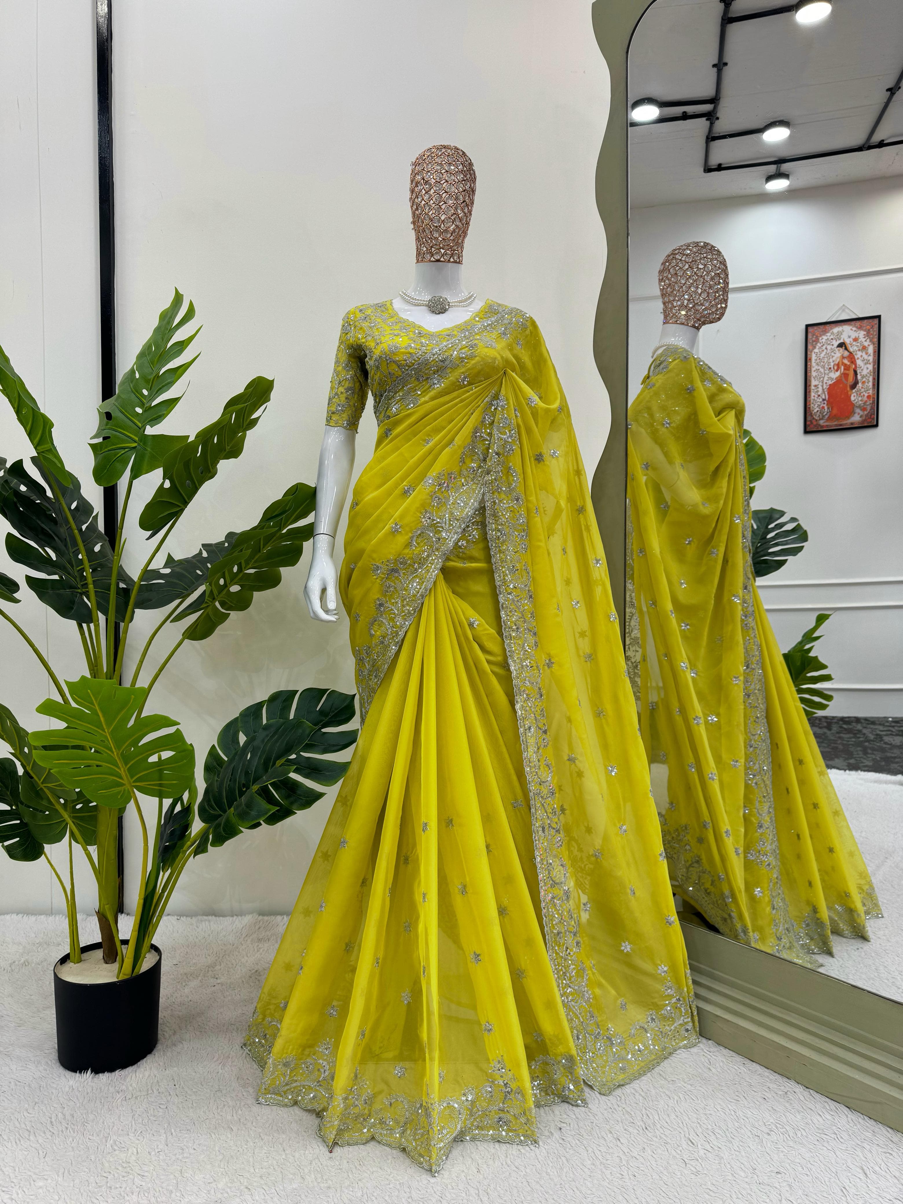 Designer Tibby Silk Saree – Thread & Sequin Embroidery