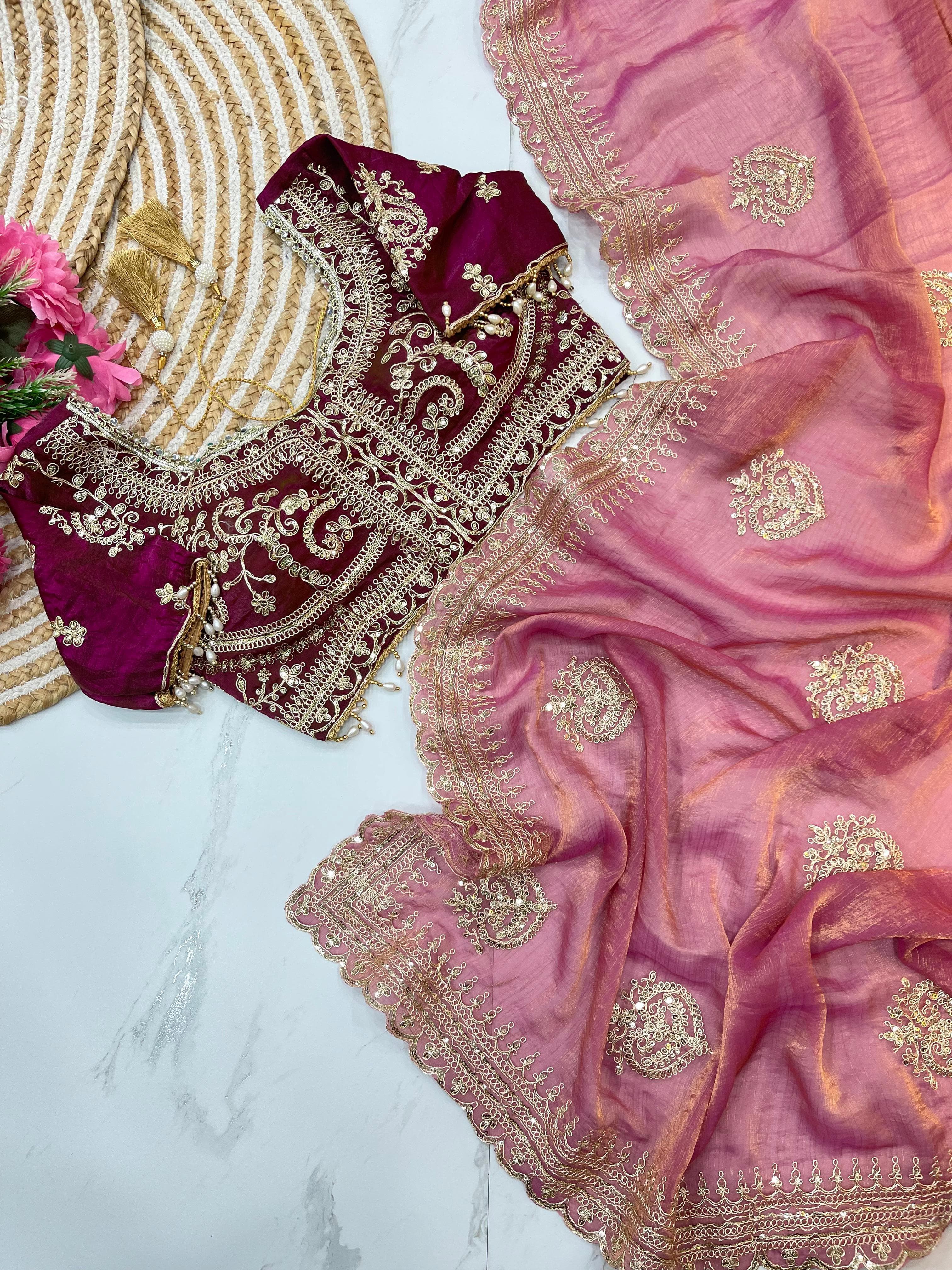 Fendy Chiffon Saree – Heavy Border – Sequin and Cording Embroidery