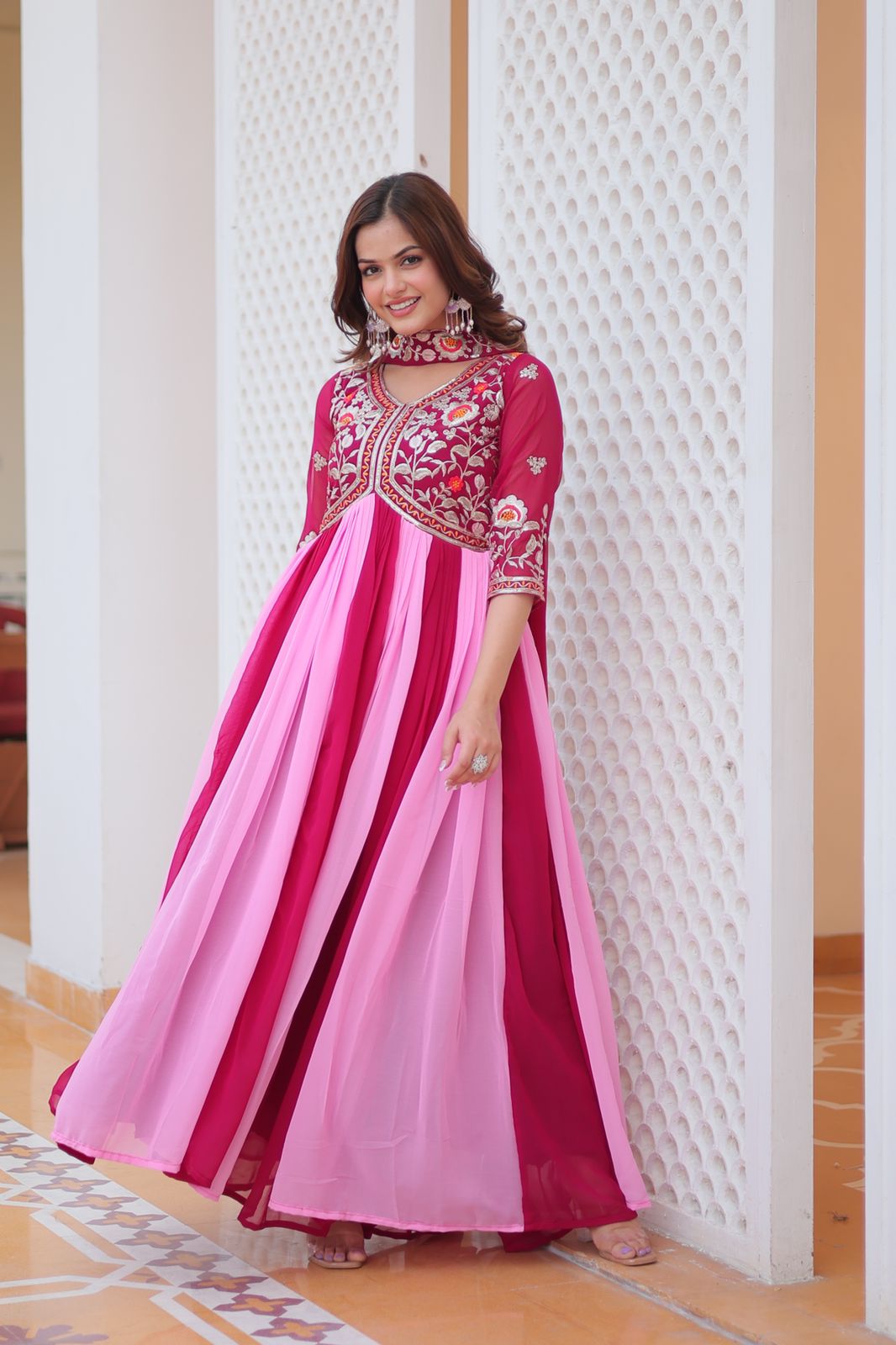 Sequin Thread Embroidered Fox Georgette Gown – Micro Cotton Lining – Dupatta Set