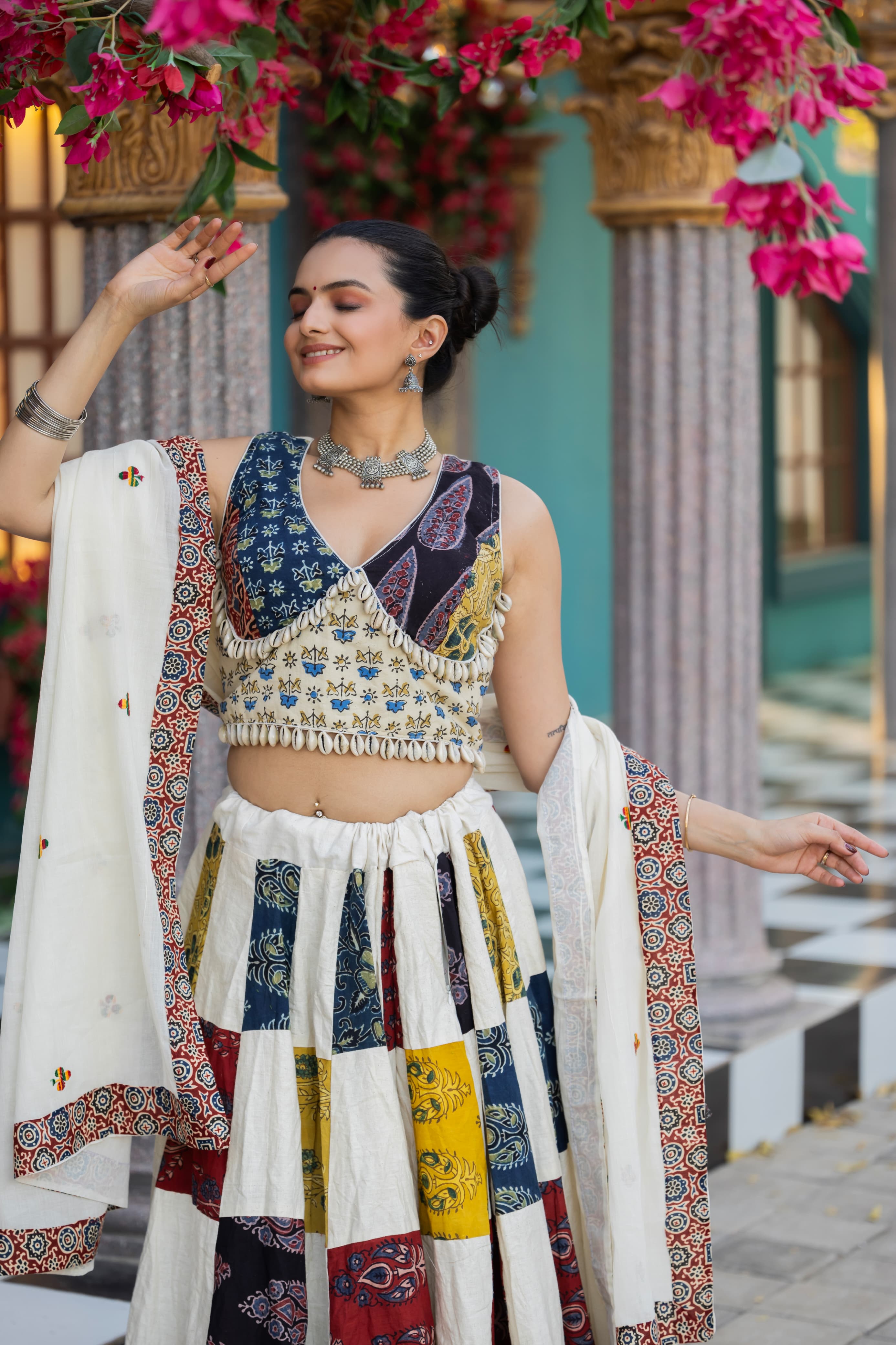 Ajrakh Print Khadi Cotton Lehenga Choli Set – Drawstring Waist – Hand Block Print & Real Shells