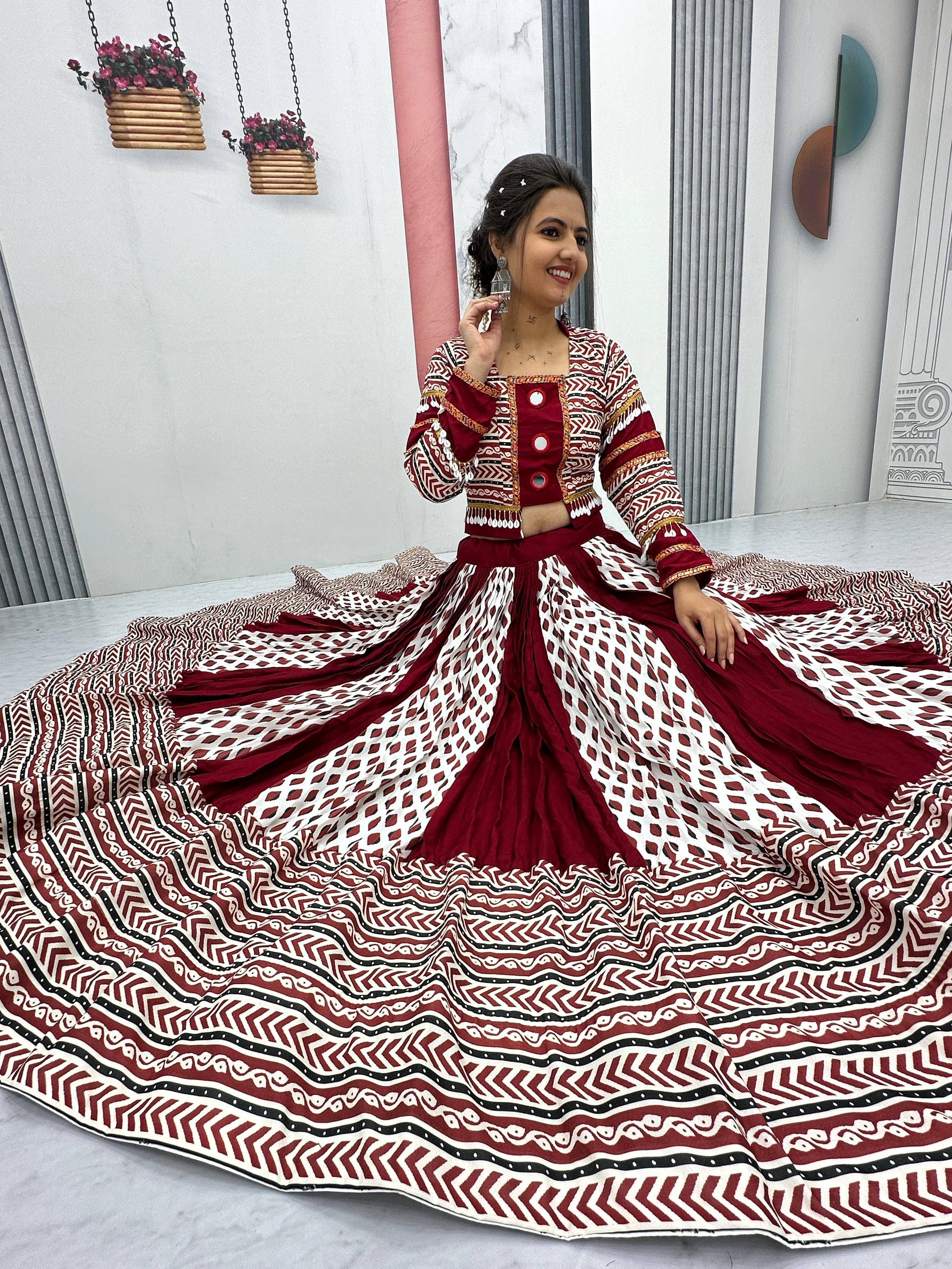 Ajarakh Print Rayon Cotton Lehenga Choli – Round Neck – Real Mirror Work