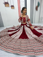 Ajarakh Print Rayon Cotton Lehenga Choli – Round Neck – Real Mirror Work