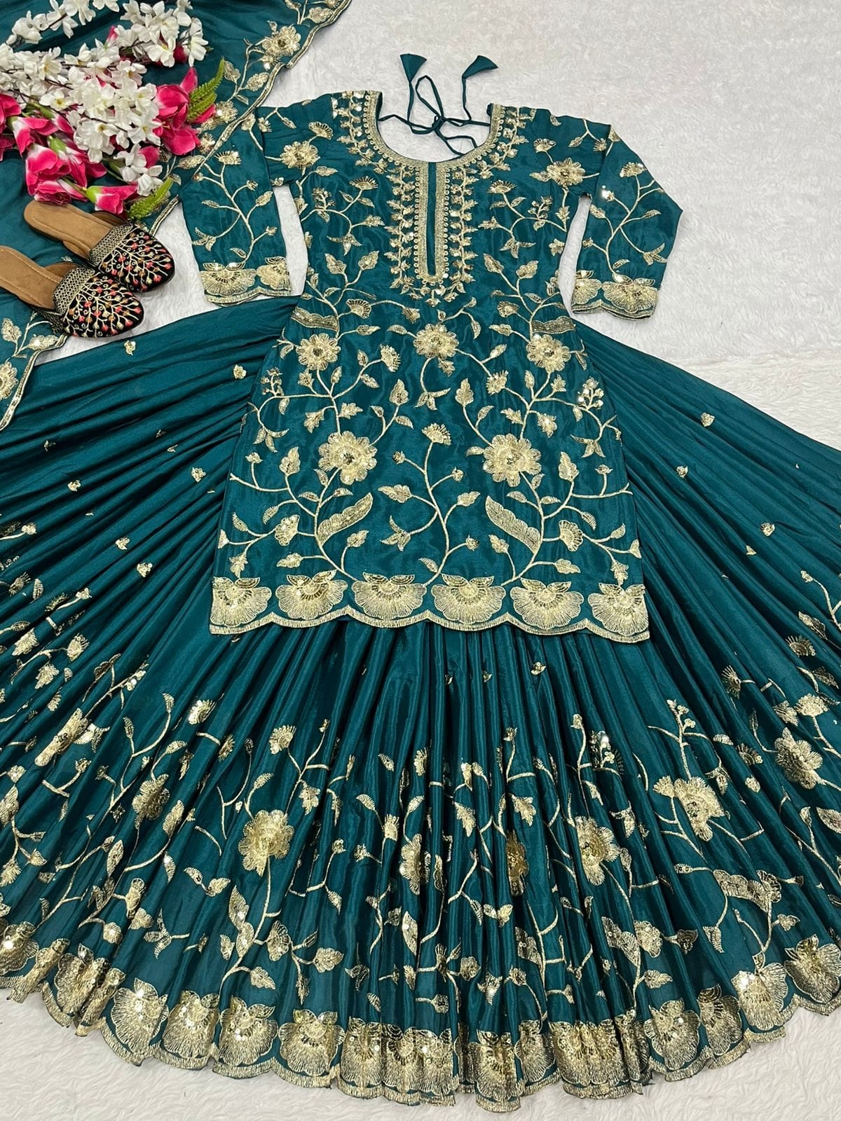 Chinnon Silk Embroidered Lehenga Set – Round Neck – Sequin Work