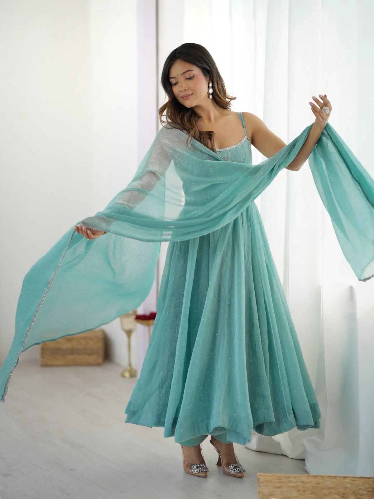 Crunchy Silk Anarkali Set – Round Neck – Sirozki Work