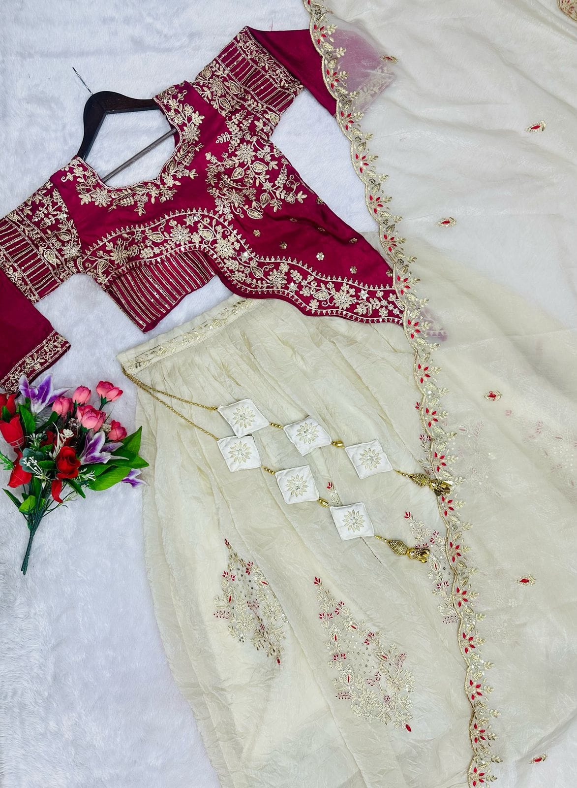 Embroidered Gold Crush Crop Top Lehenga Set – Sequence Work