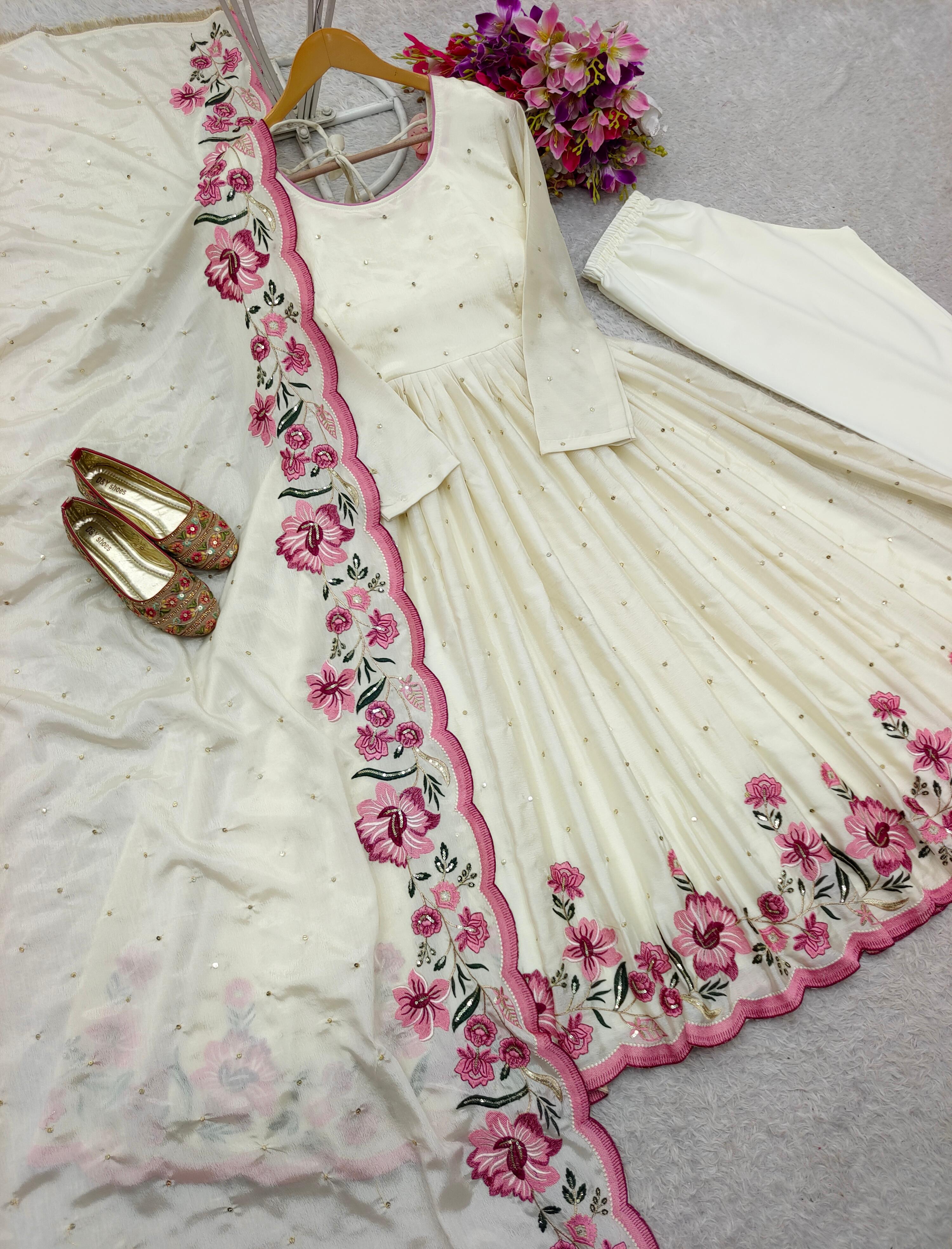 Chinon Silk Embroidered Gown Pant Dupatta Set – Full Sleeve – 5mm Sequin Work