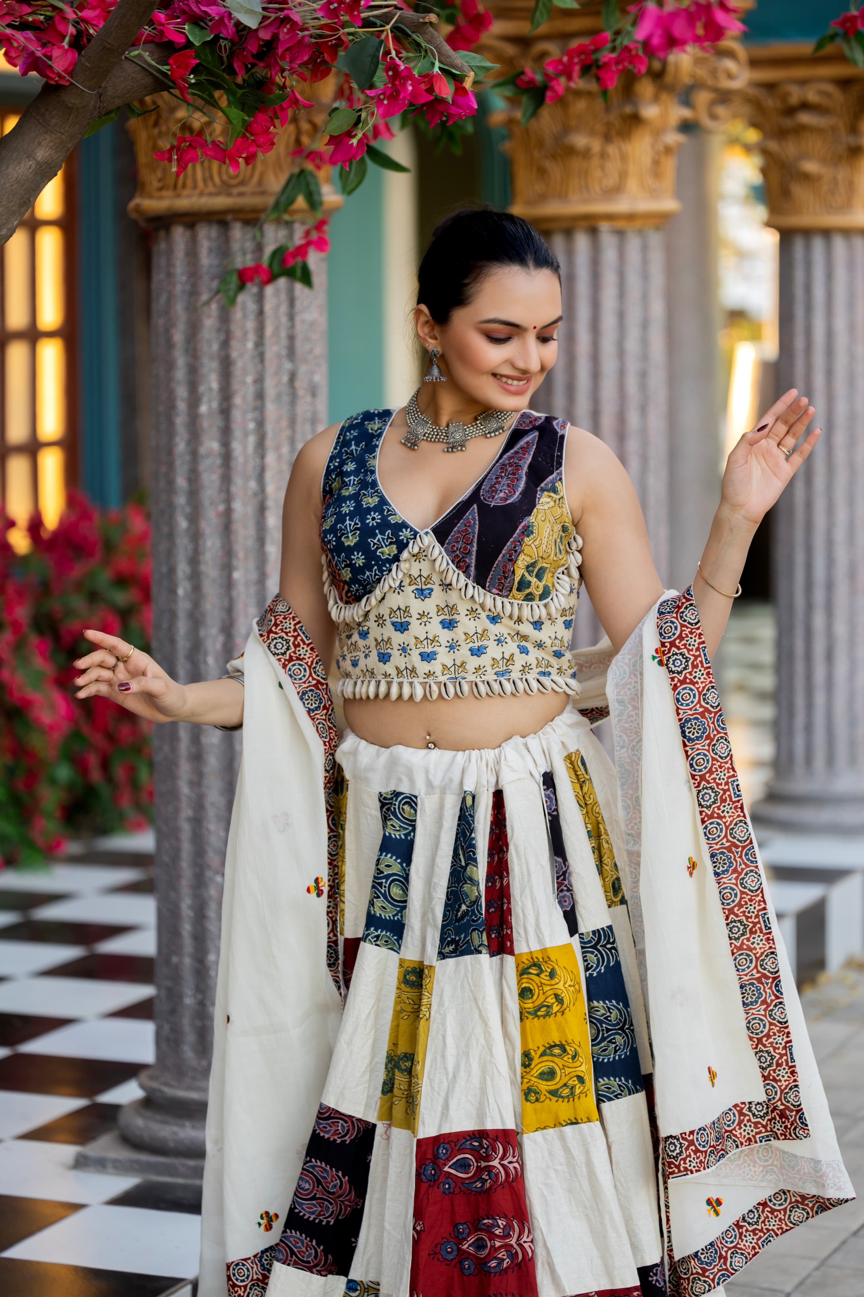 Ajrakh Print Khadi Cotton Lehenga Choli Set – Drawstring Waist – Hand Block Print & Real Shells