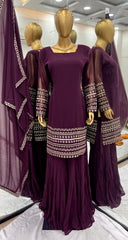 Wine Embroidered Georgette Top-Sharara Set – Full Sleeves – Sequin Work