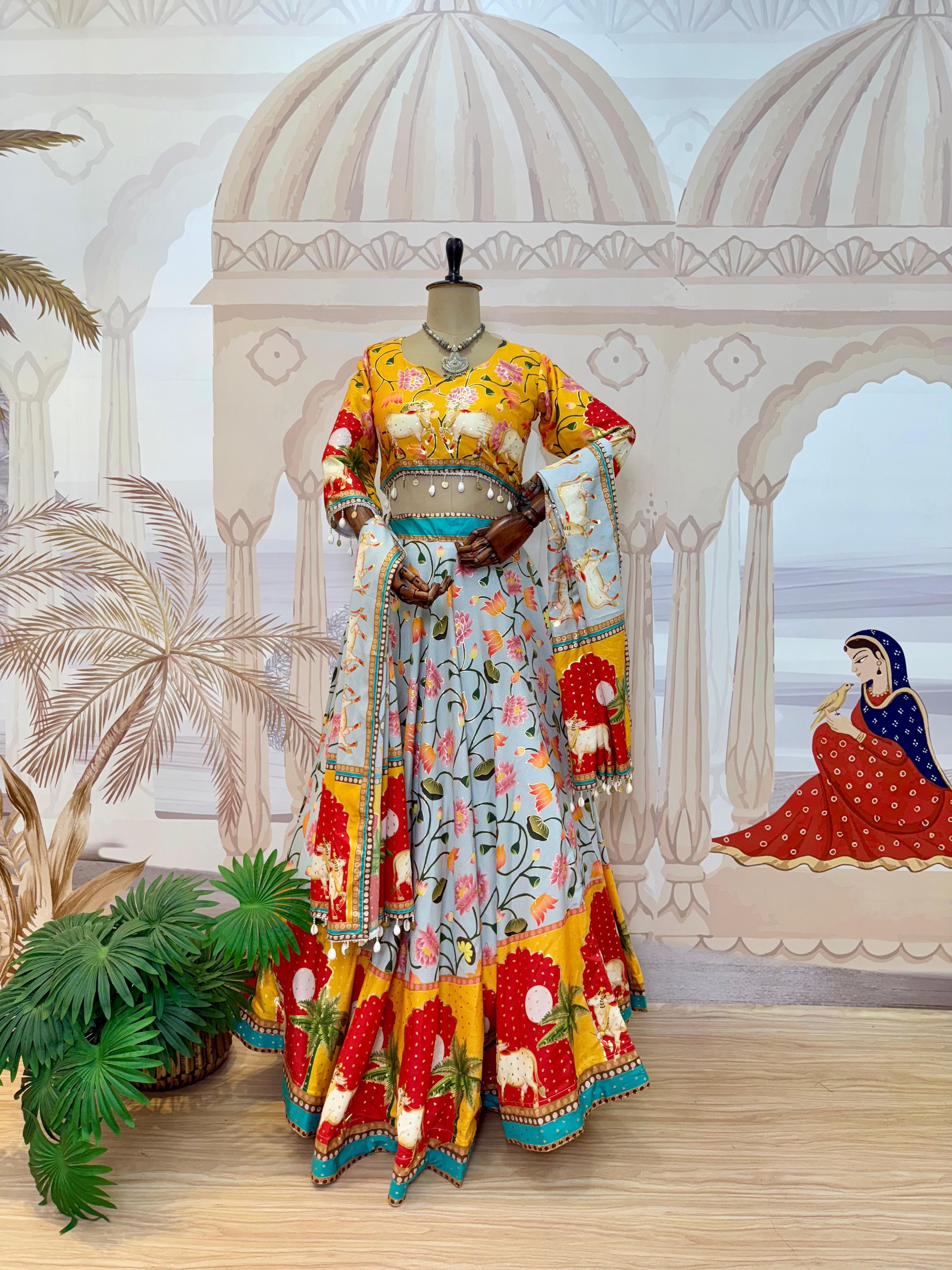 Crepe Silk Foil Print Lehenga Set – Drawstring Waist – Codi Lace Border