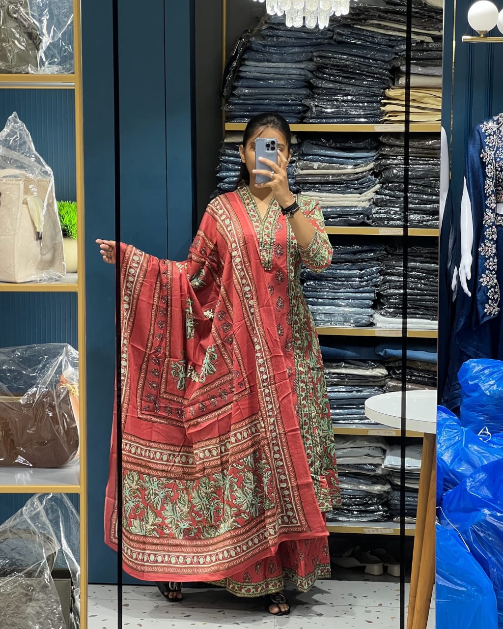 Printed Cotton A-Line Kurti Set – V-Neck – Sequin Handwork