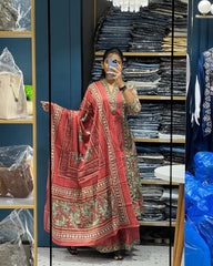 Printed Cotton A-Line Kurti Set – V-Neck – Sequin Handwork