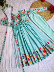Multi Color Aliya Cut Chinon Dress Set – Round Neck – Hand Embellished