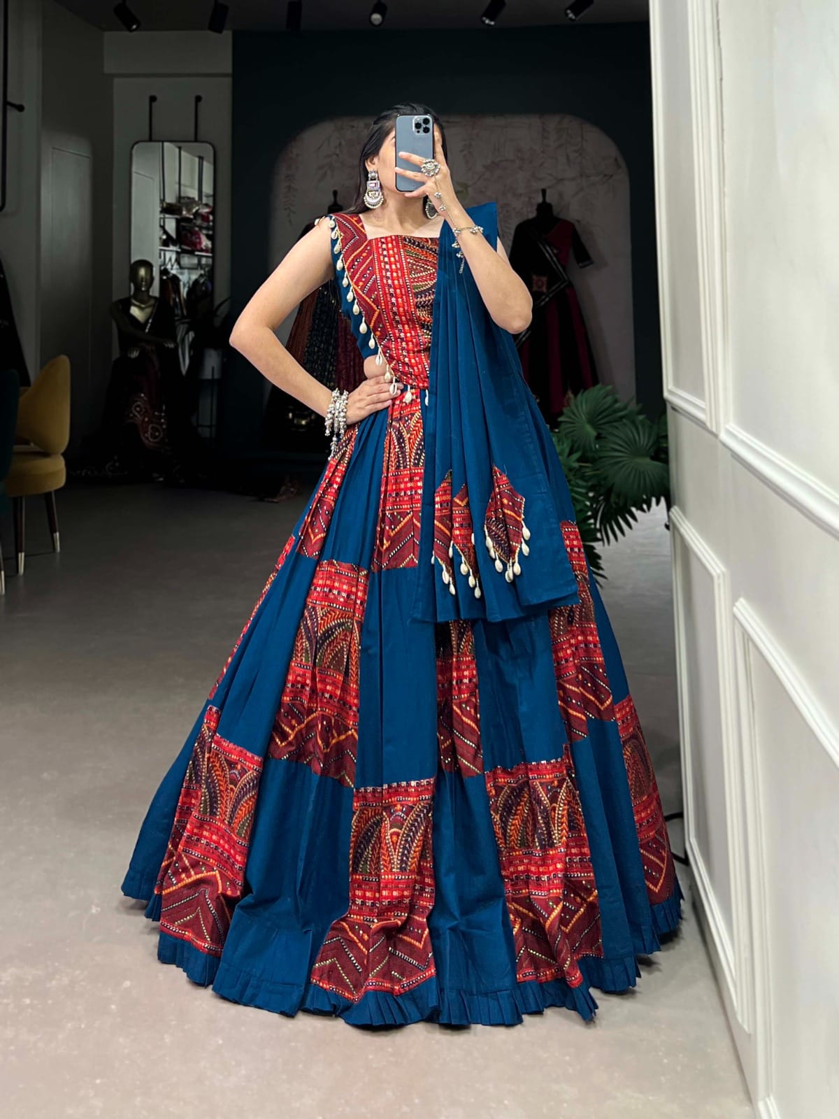 Printed Pure Cotton Lehenga Set – Round Neck – Foil and Cowrie Work